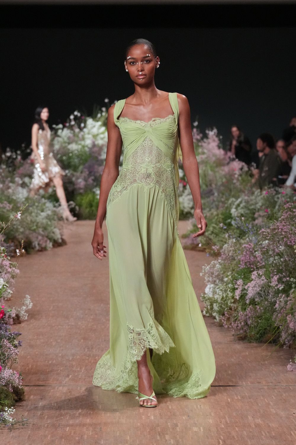 sage lace slip evening gown