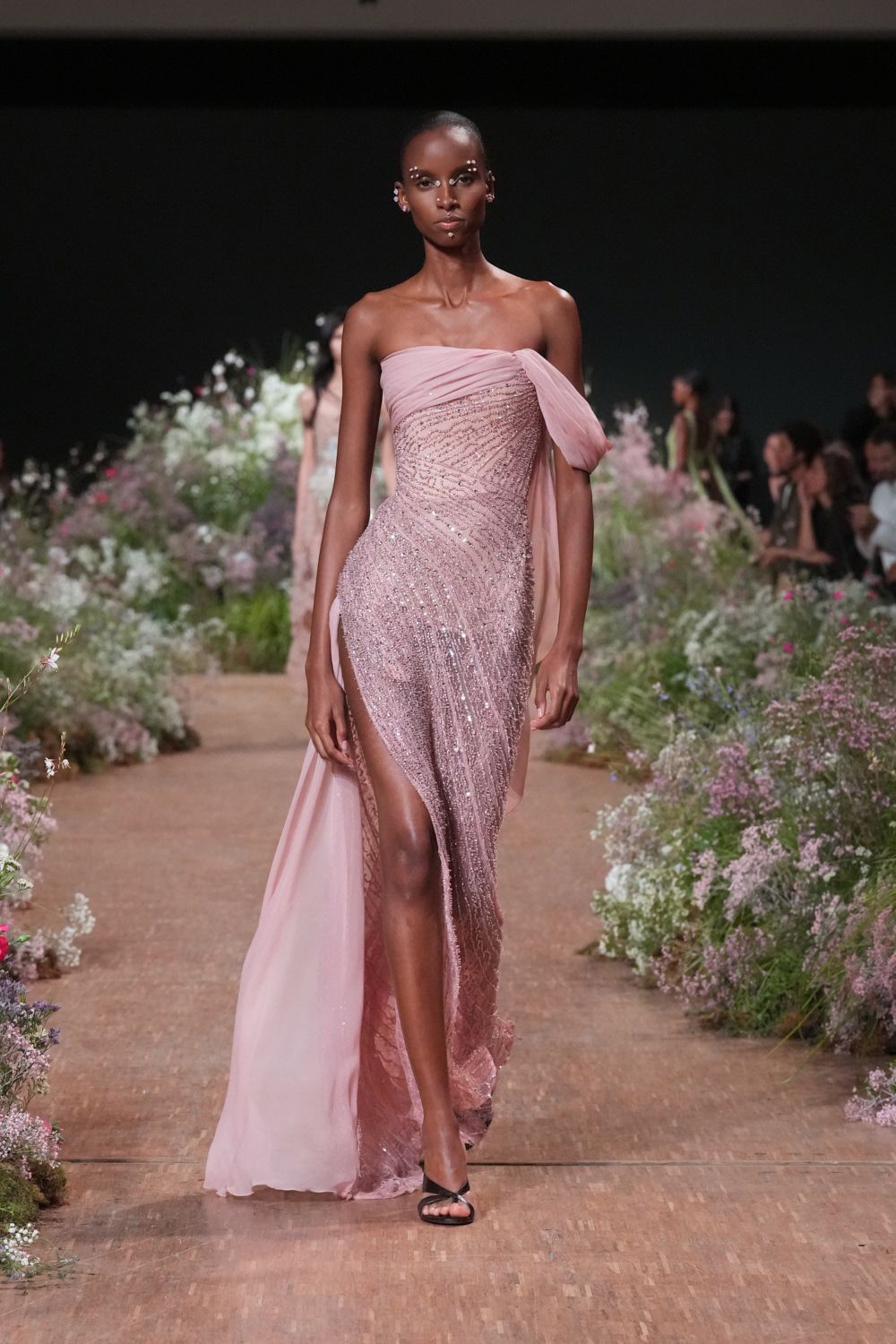 pink sequined strapless draped gown