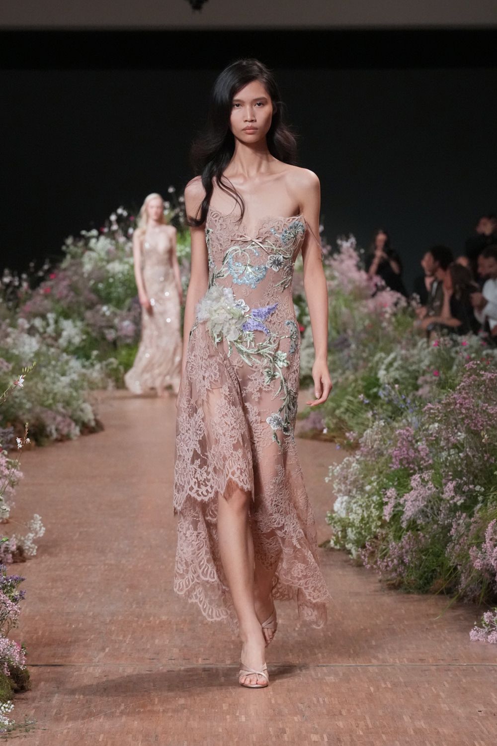 sheer floral embroidered high-low gown