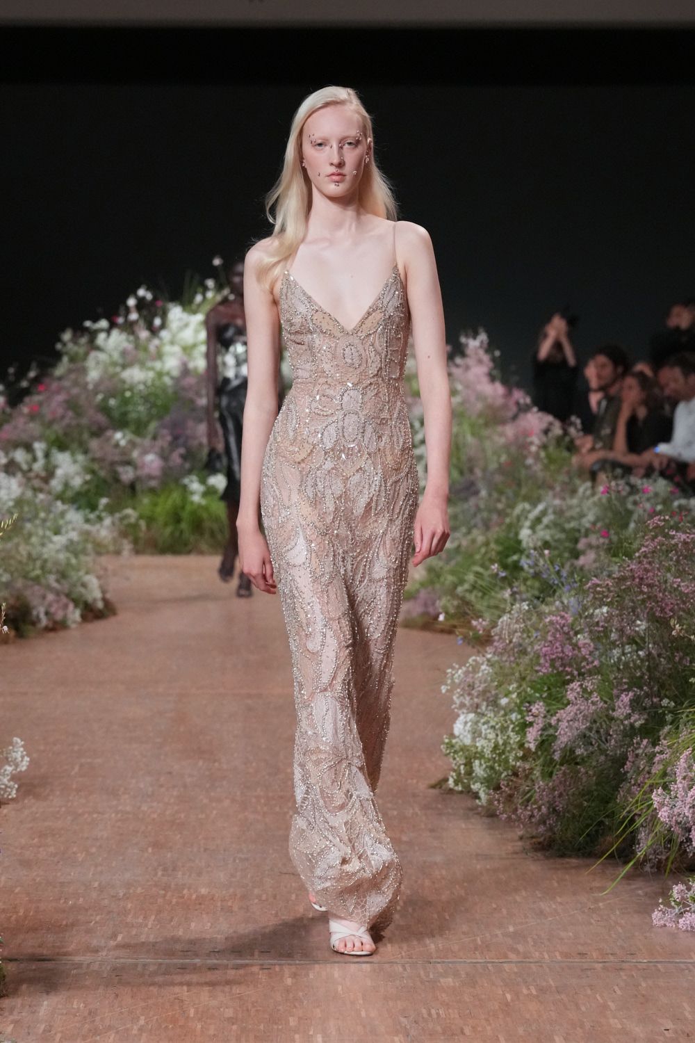 champagne embellished illusion evening gown