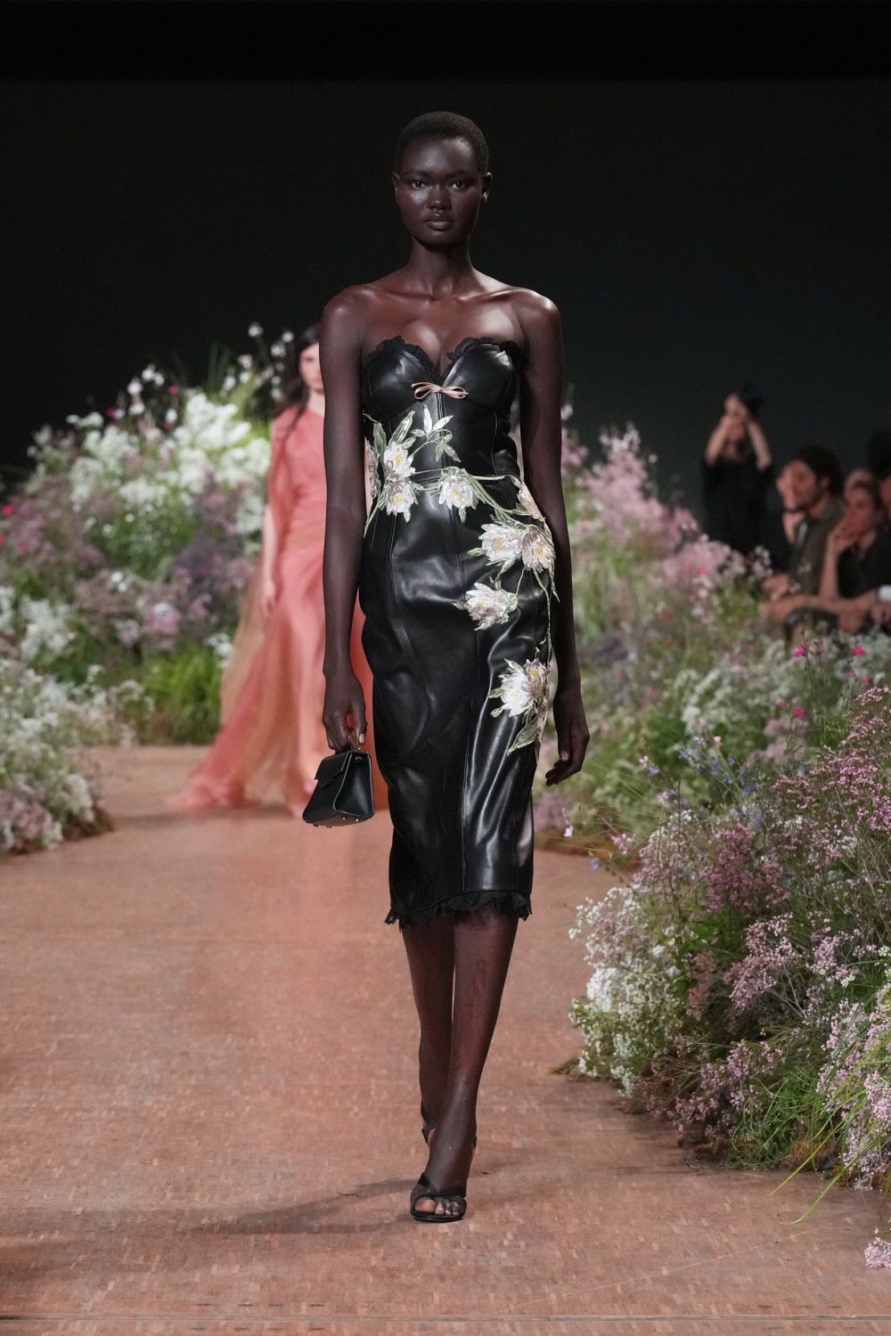 black floral leather strapless midi dress