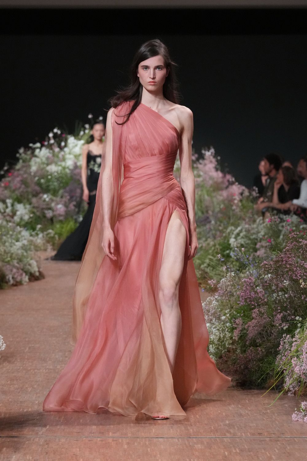 one-shoulder draped chiffon evening gown