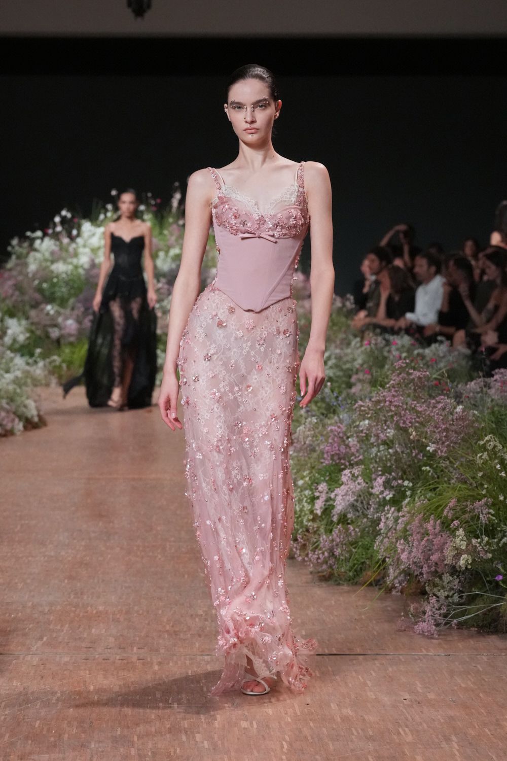 pink embellished lace evening gown