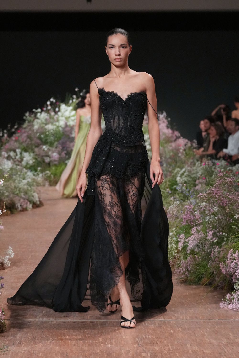 black sheer lace corseted evening gown