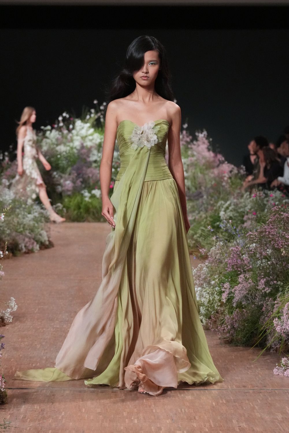 strapless draped chiffon evening gown