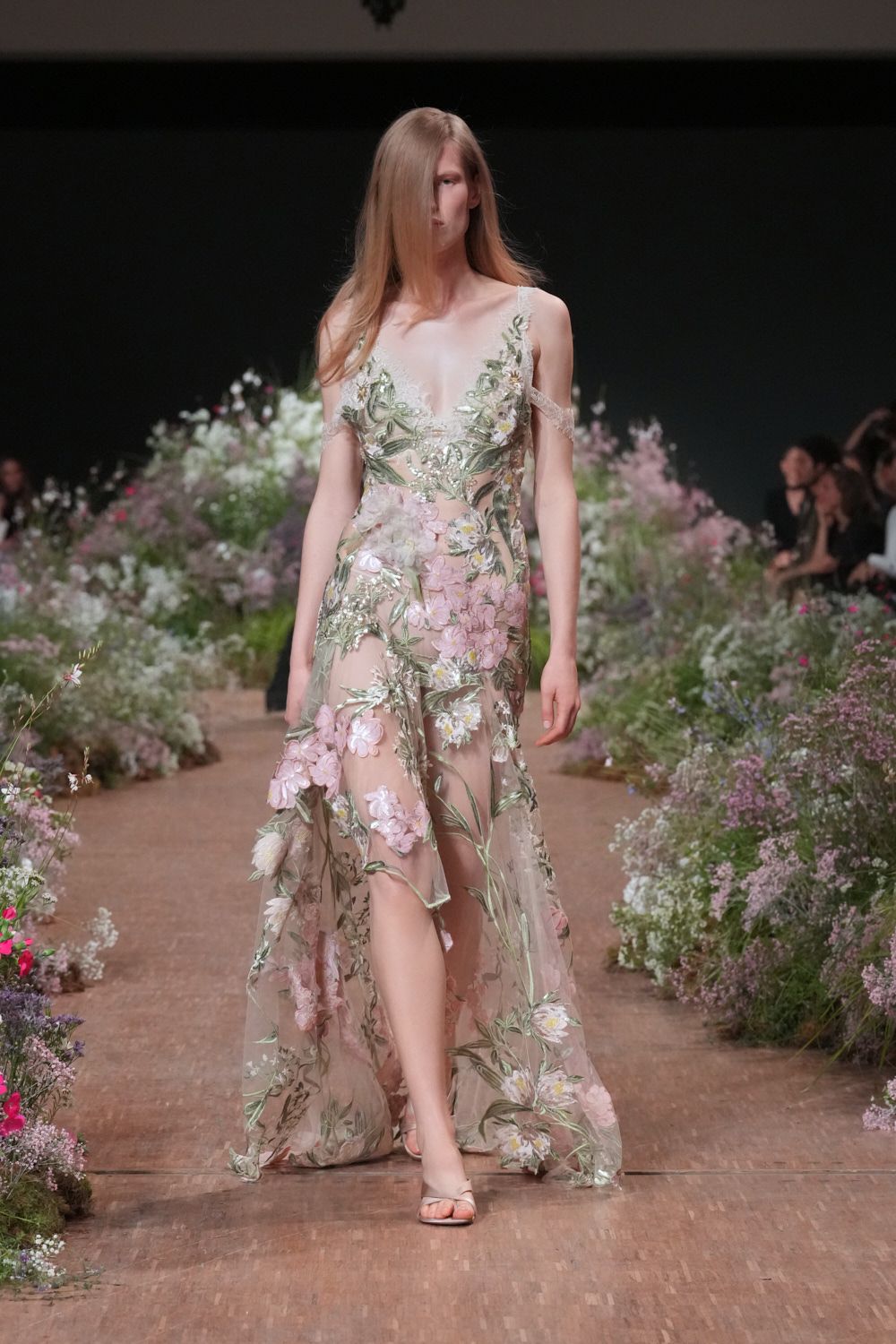 sheer floral embroidered evening gown