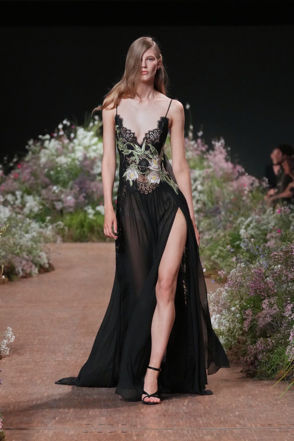black floral embroidered sheer evening gown