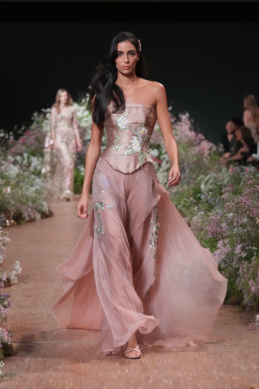strapless embroidered blush chiffon gown