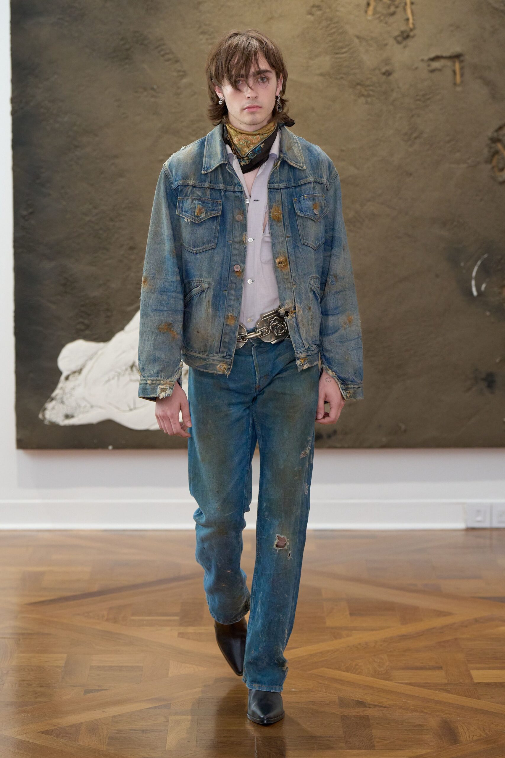 blue denim distressed straight-leg textured jeans