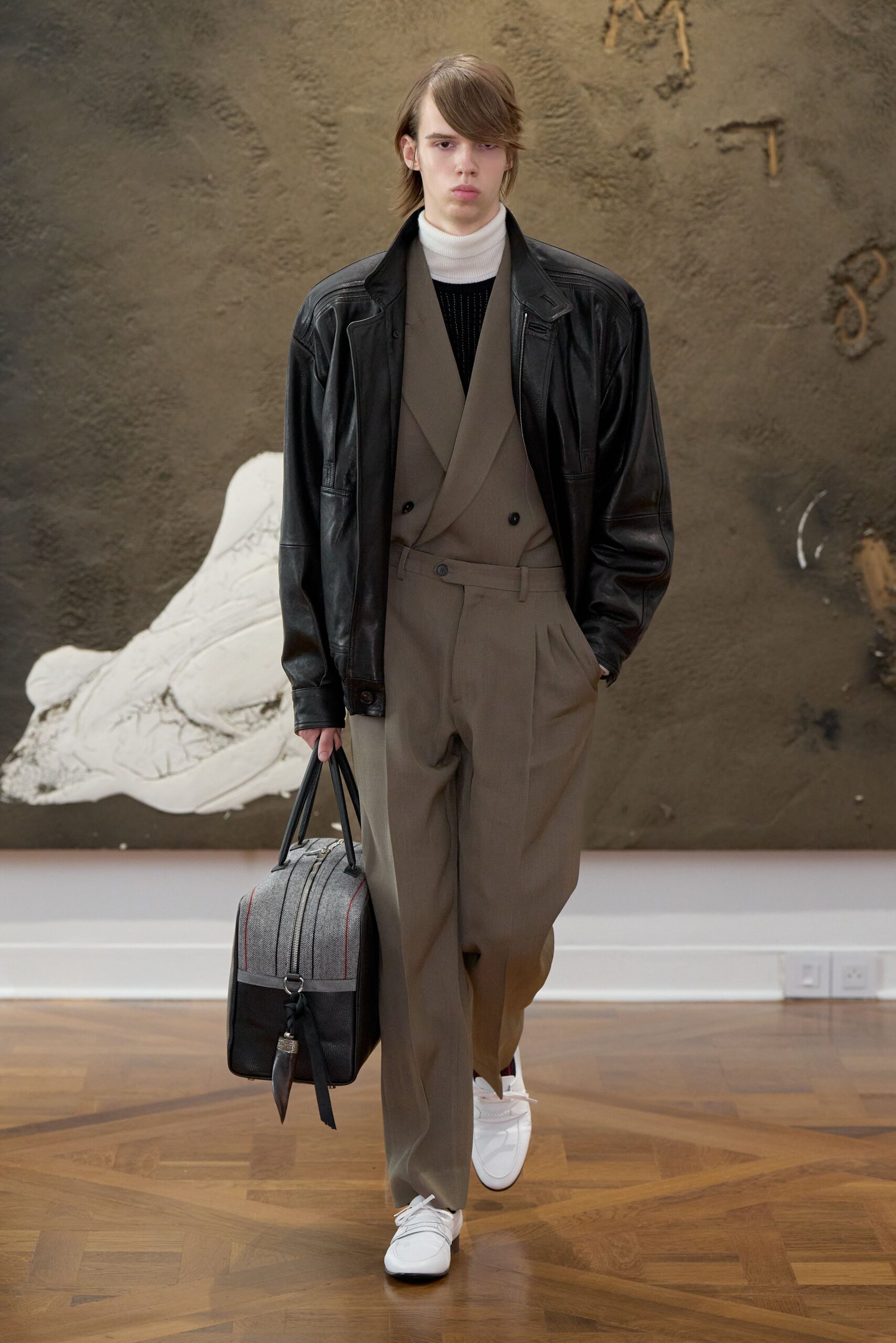 gray leather bag