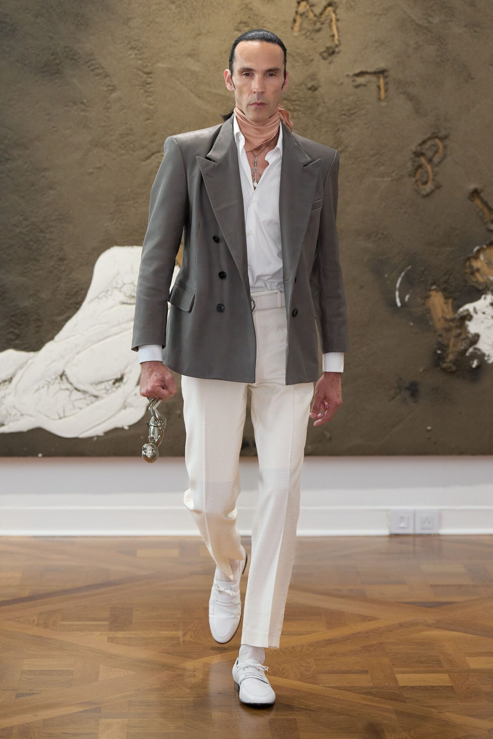 gray double-breasted blazer