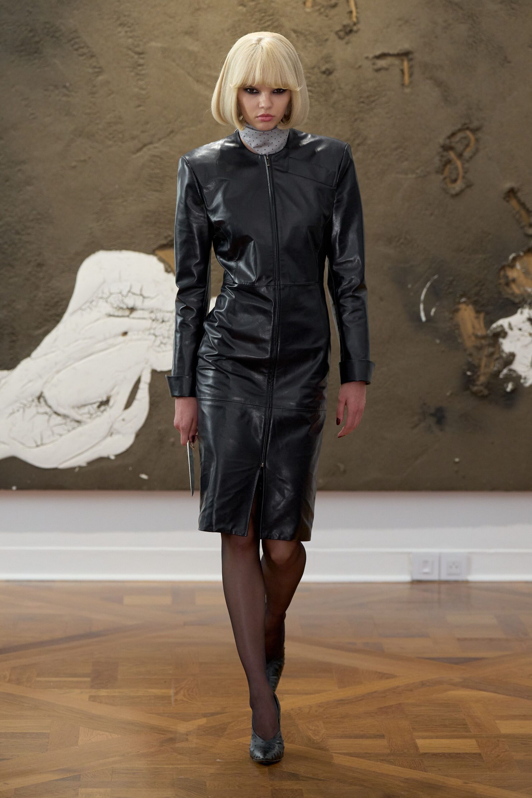 black leather zip-front midi dress