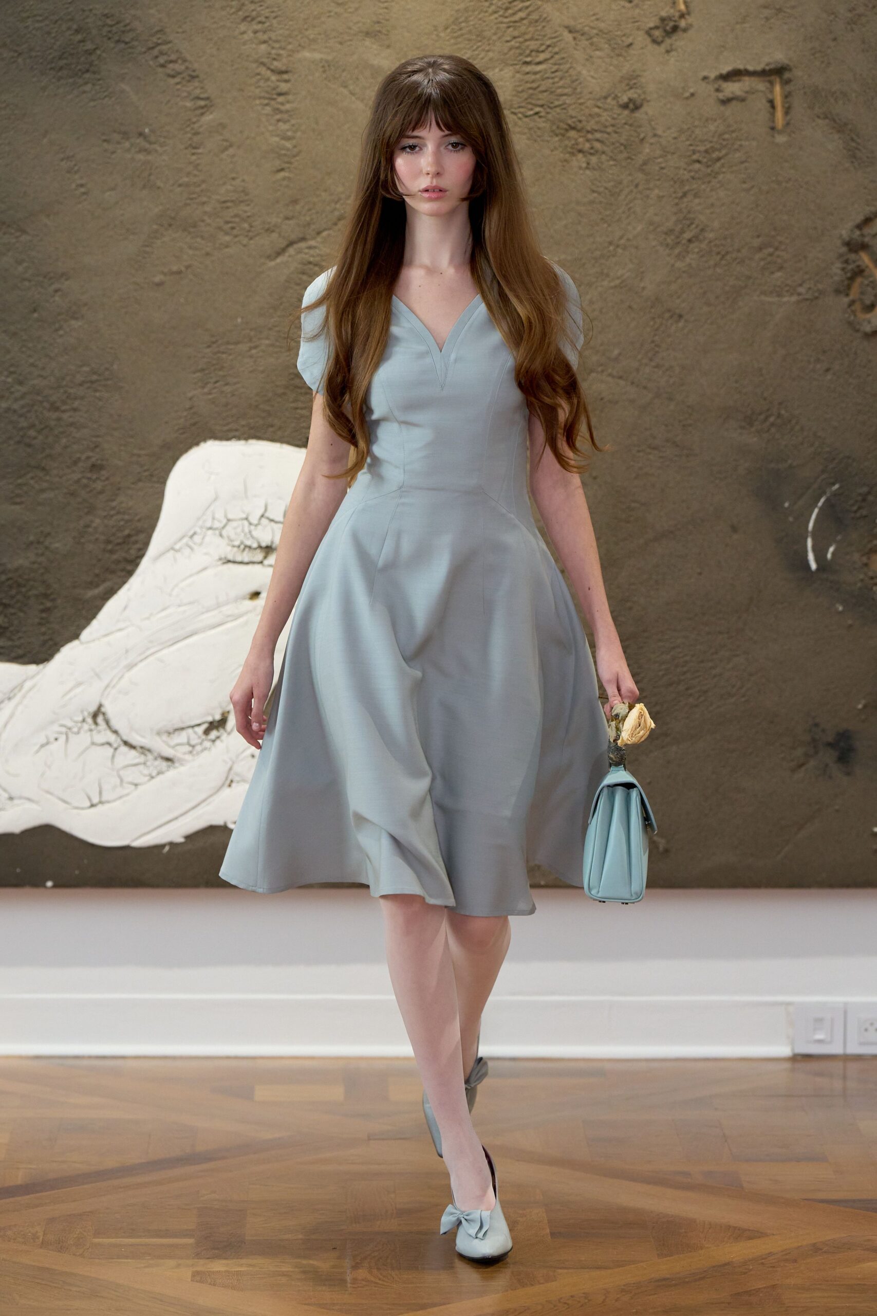 powder blue fit-and-flare midi dress