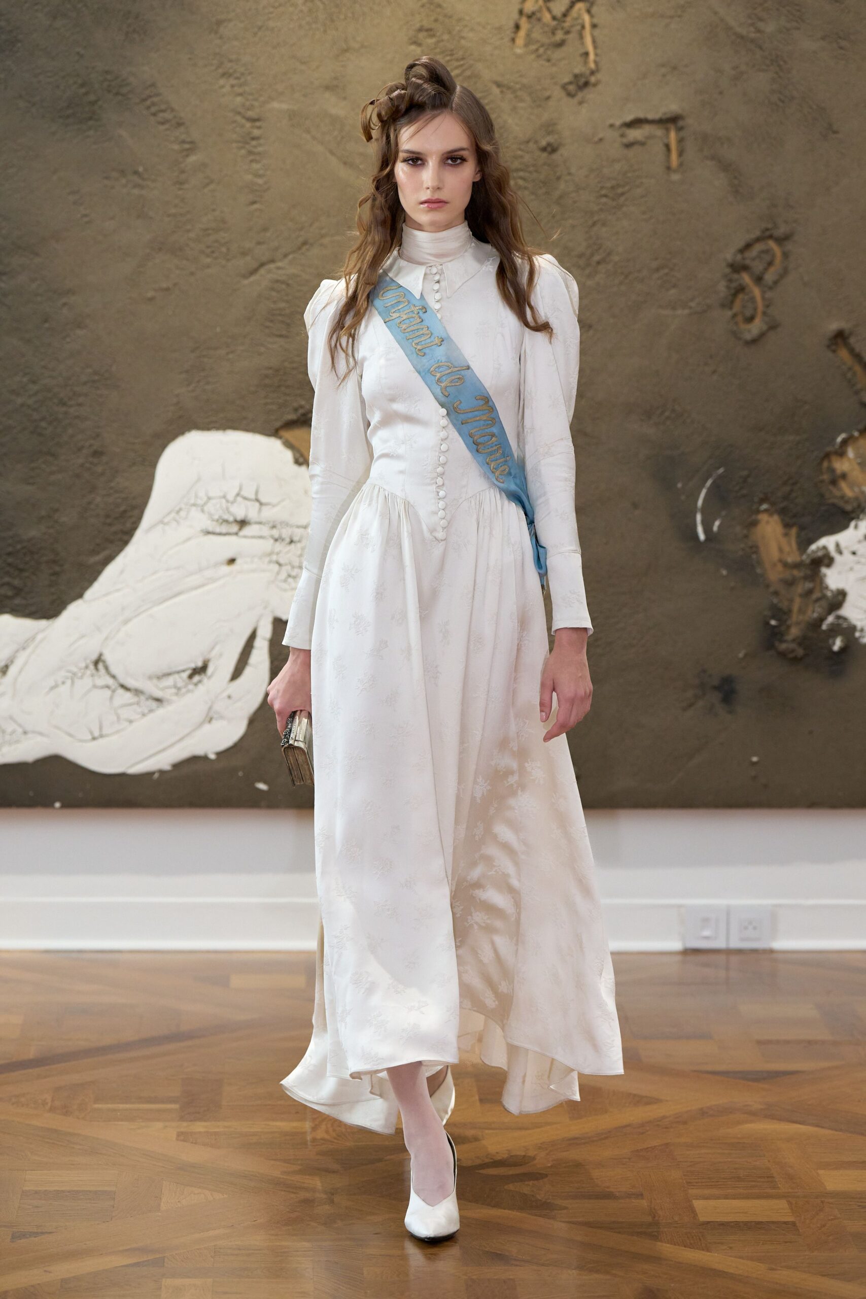 ivory high-neck drop-waist gown