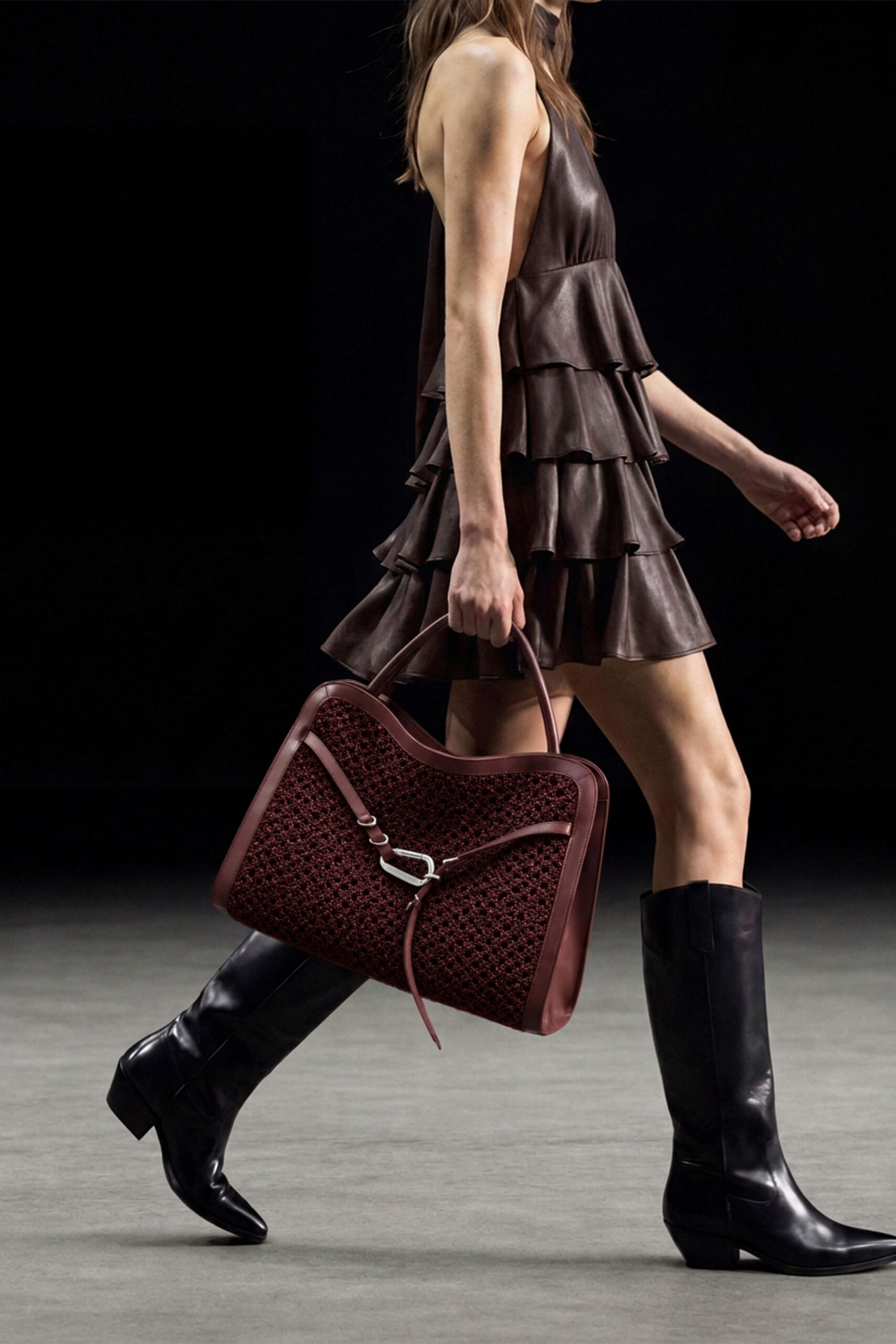 tiered leather halter mini dress