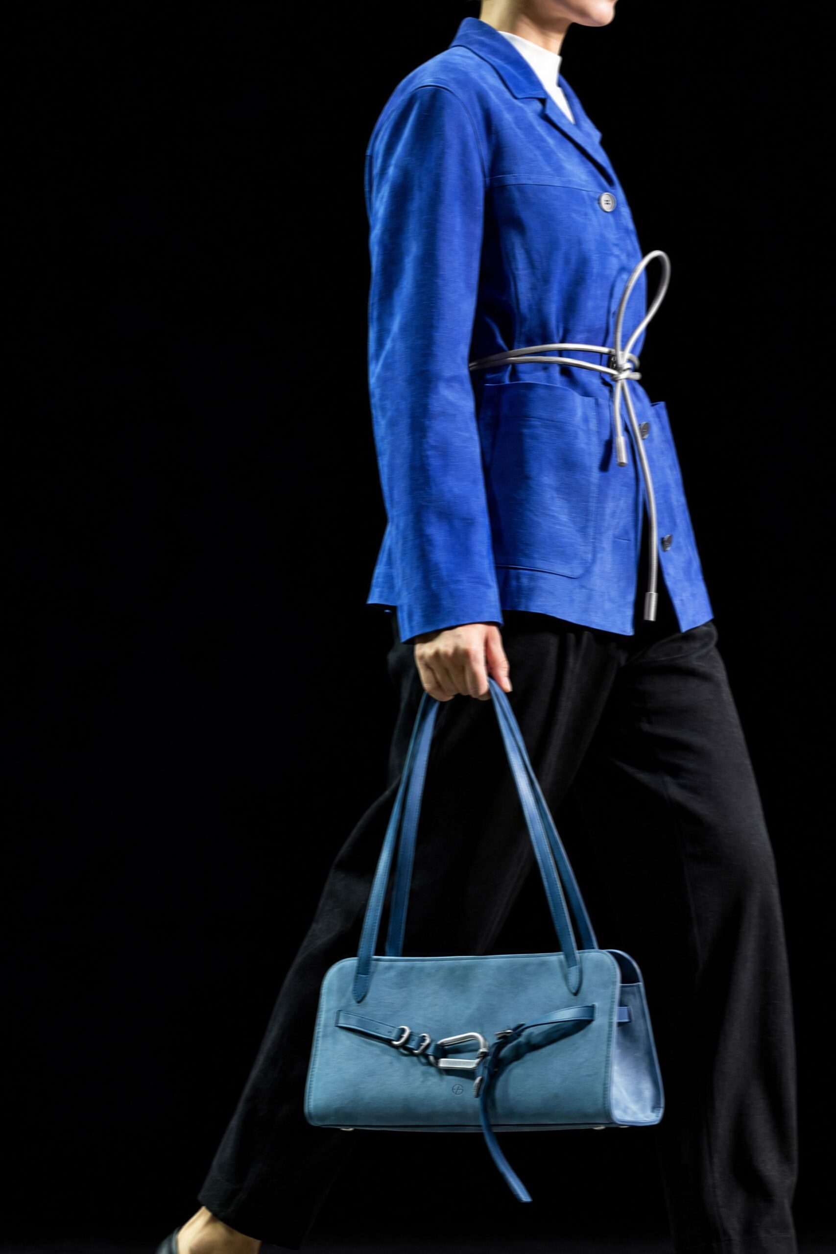blue suede belted jacket