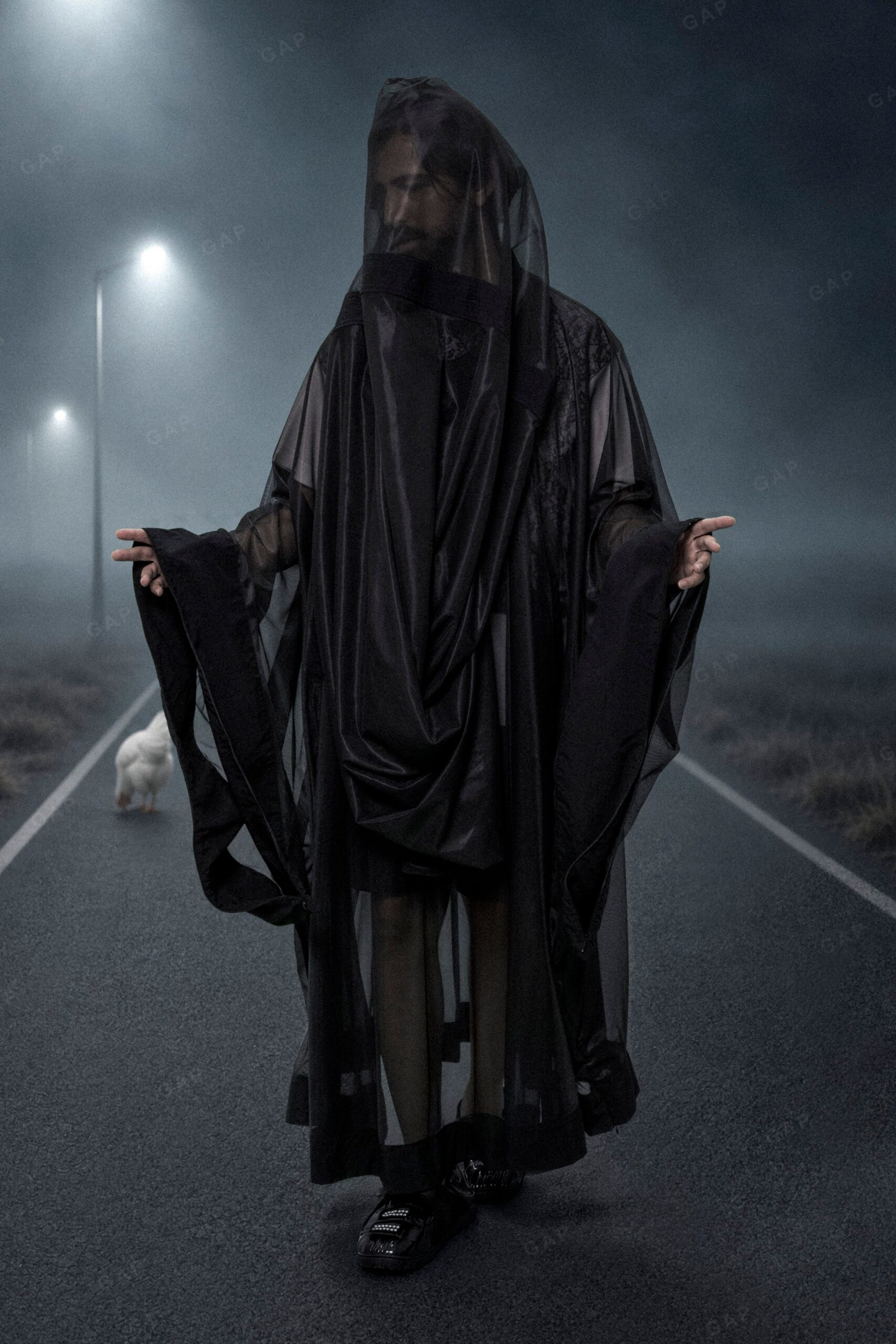black sheer draped veil dress