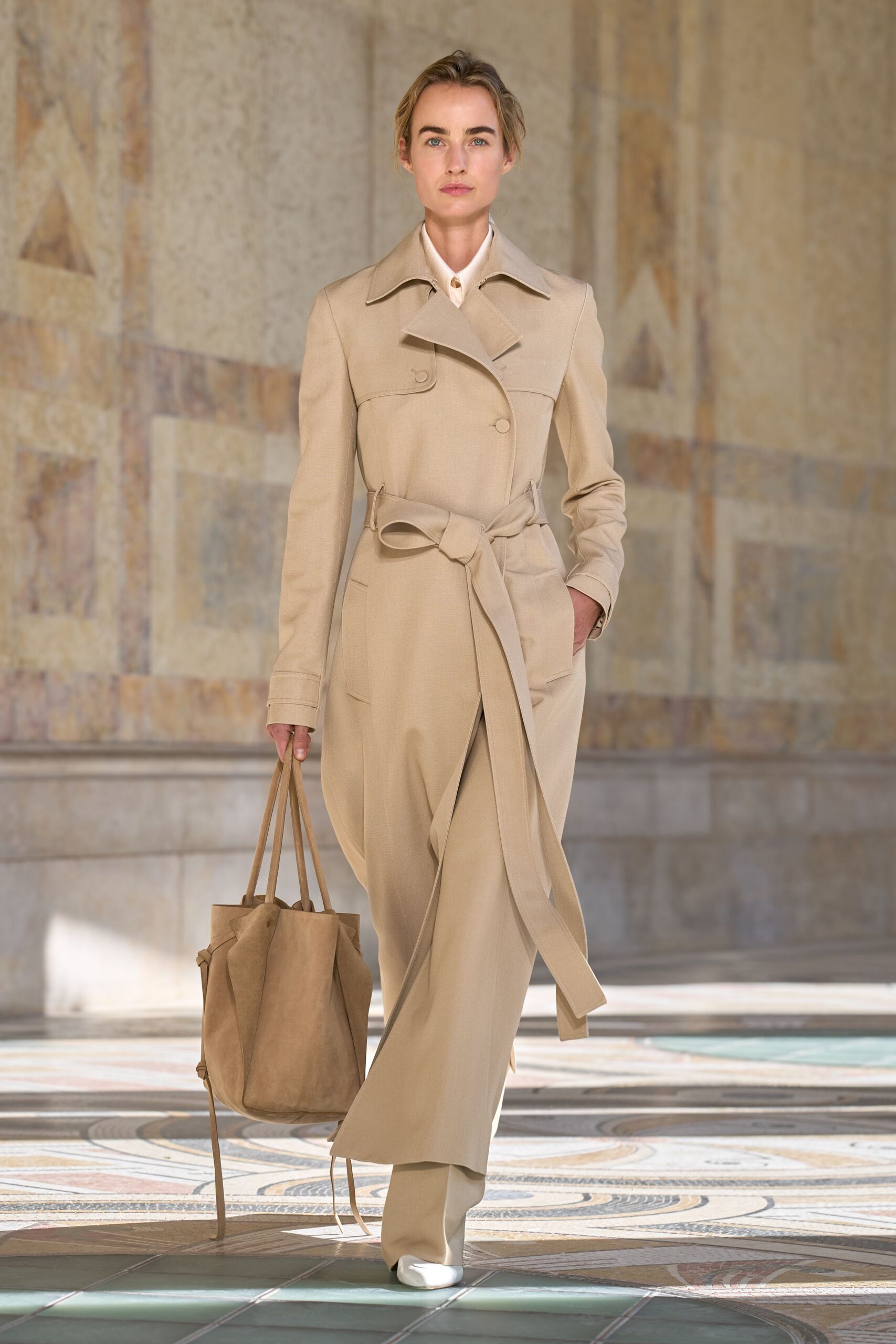 beige long-sleeve collared tailored belted pockets maxi coat