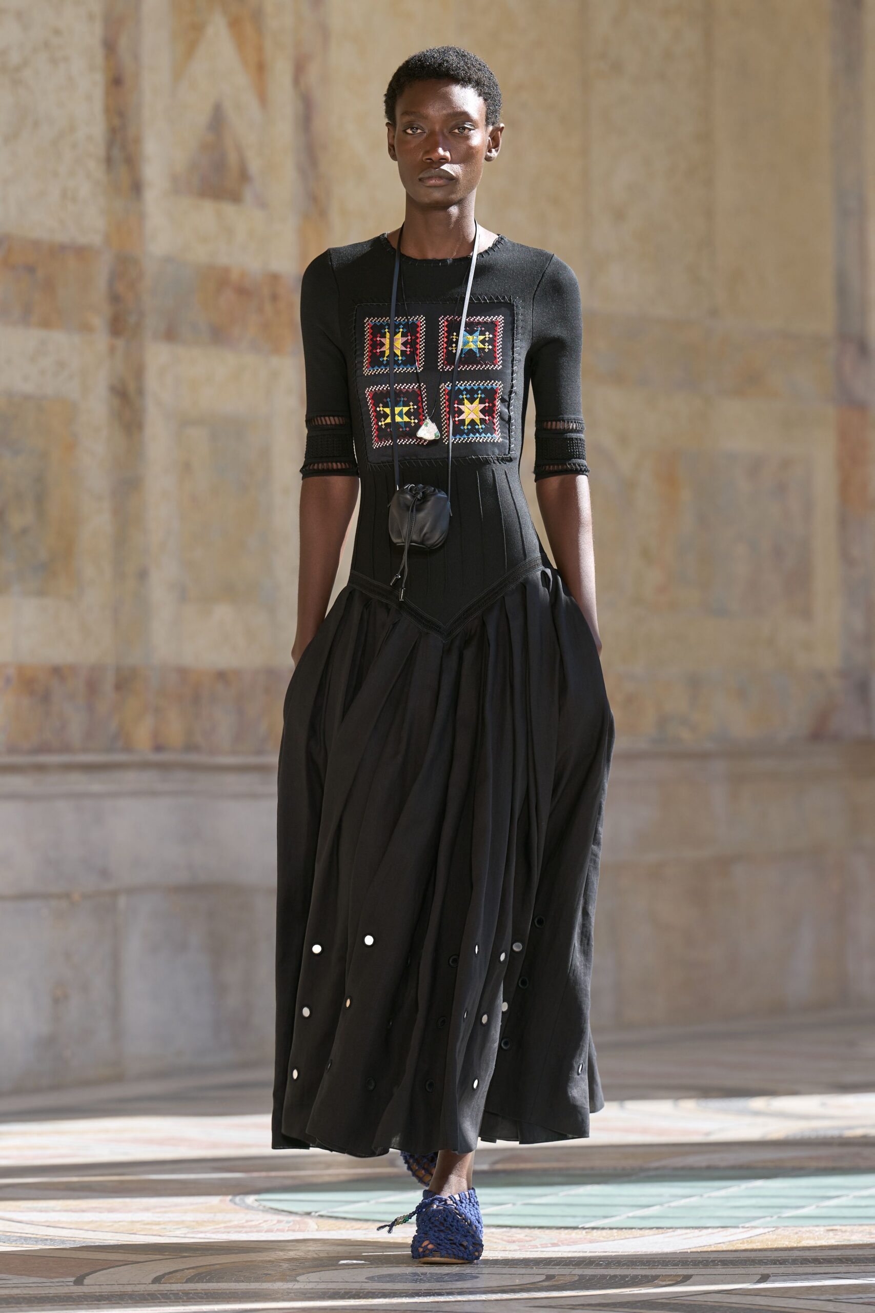 embroidered black corset-waist maxi dress