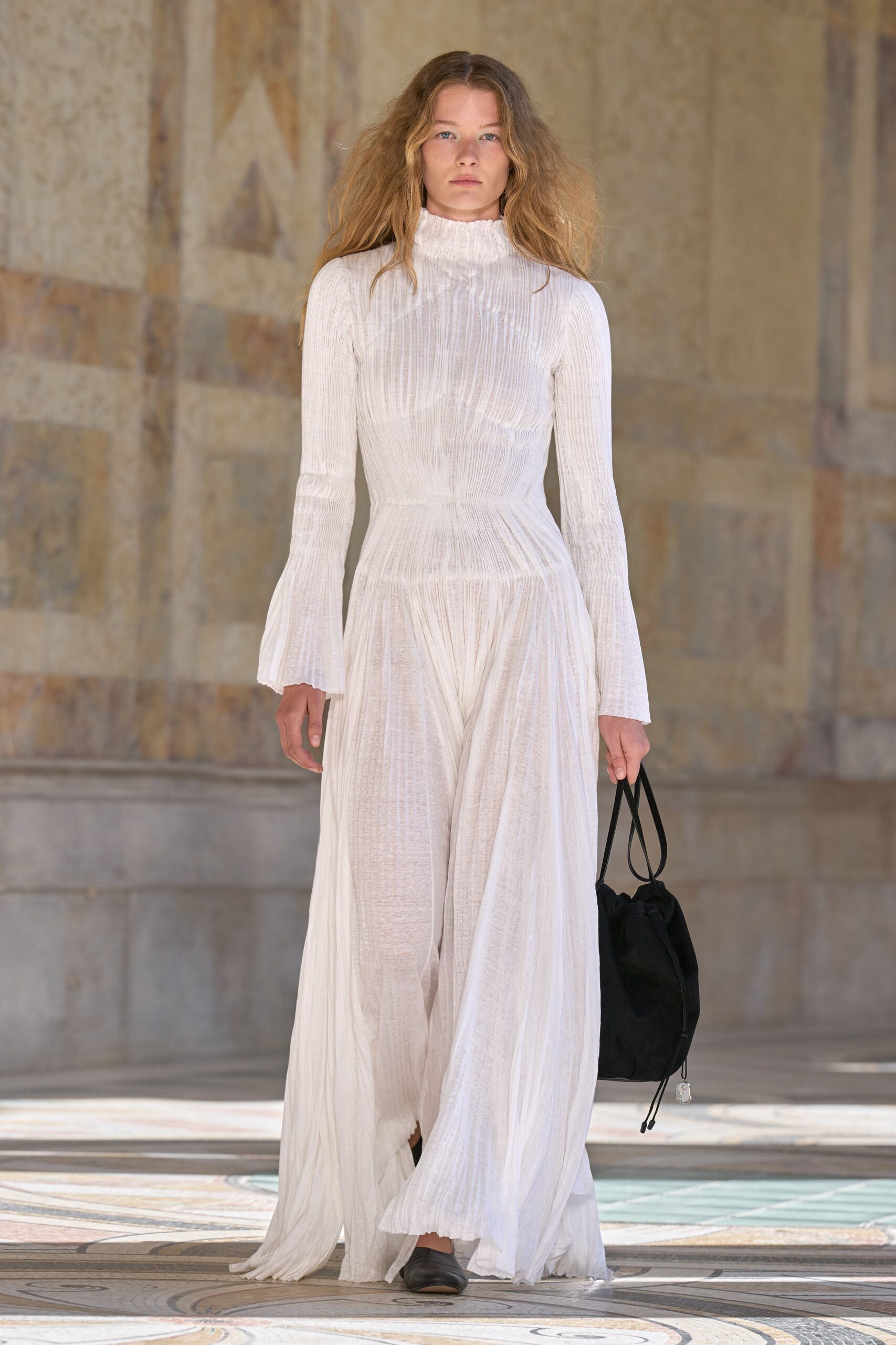 white accordion-pleated high-neck maxi dress