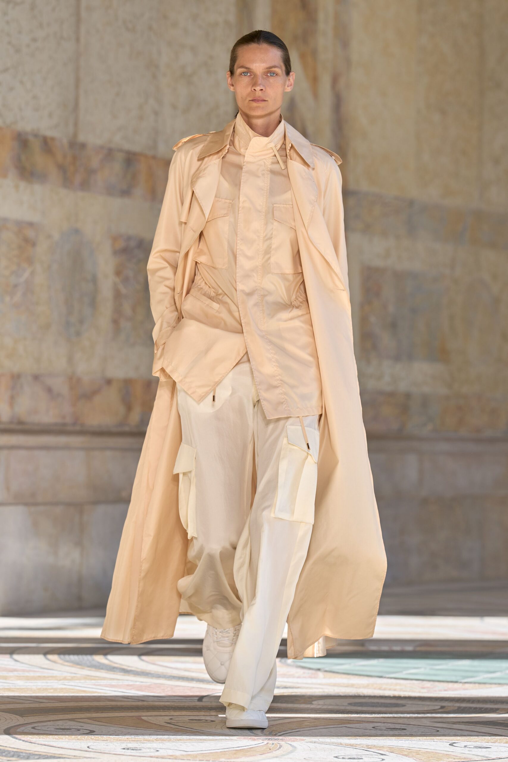 beige utility jacket with cargo trousers
