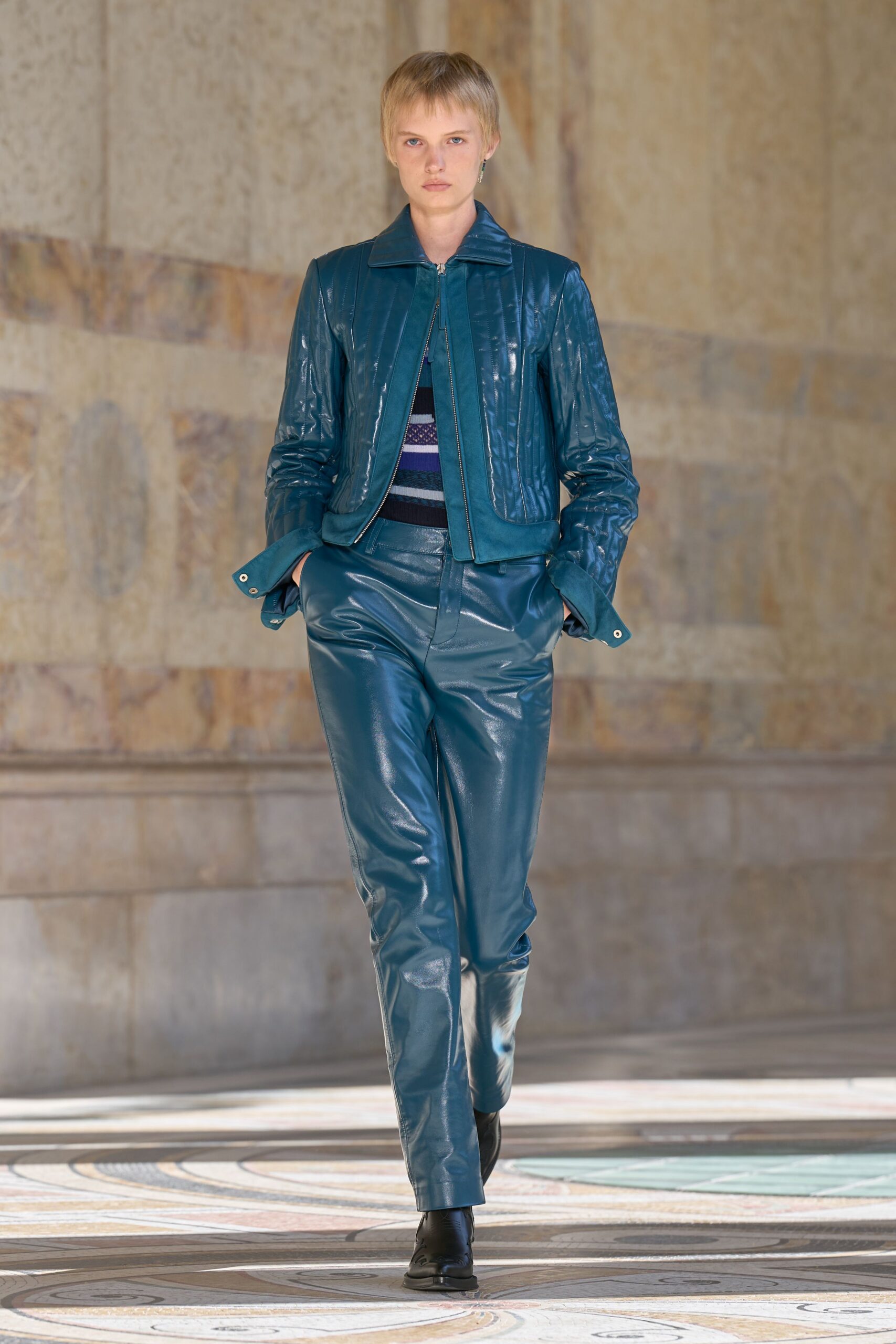 teal leather long-sleeve collared structured zippered shiny jacket