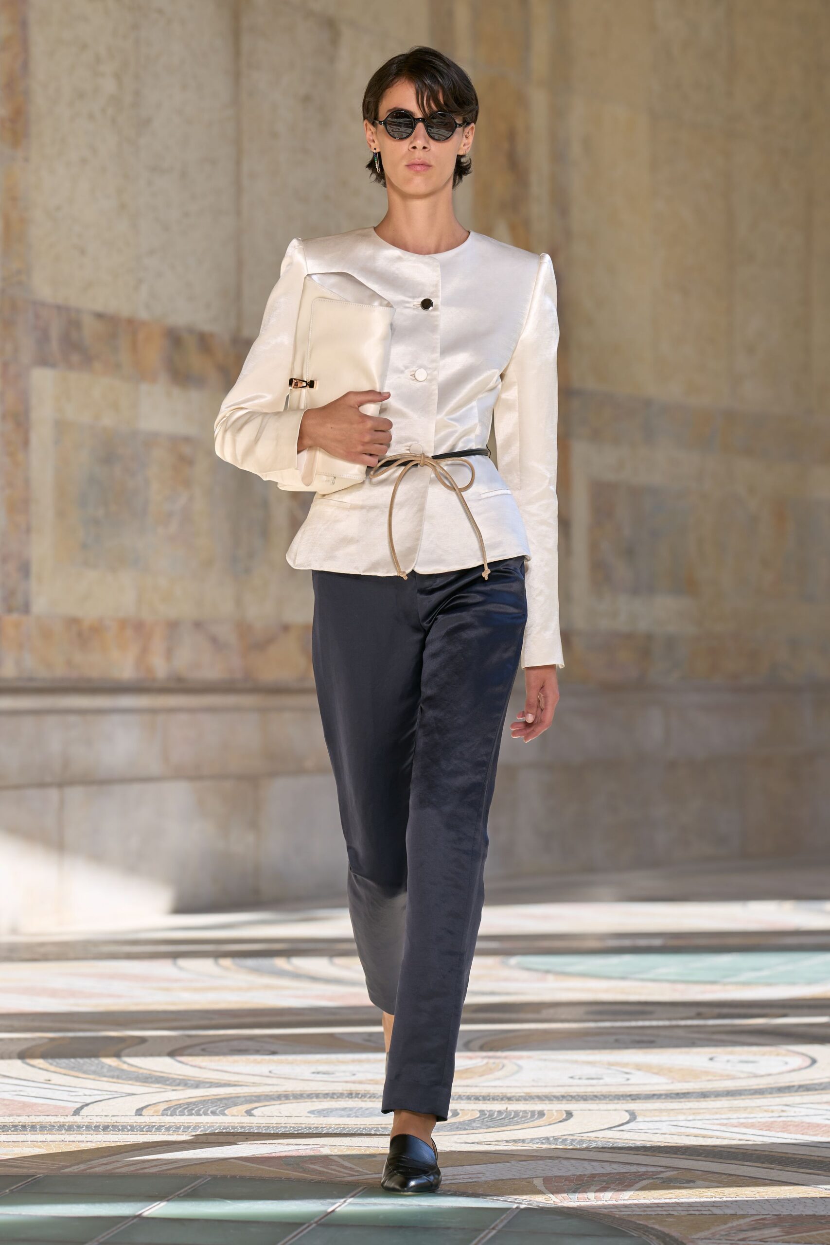 white satin long-sleeve high-neck structured buttoned belted jacket