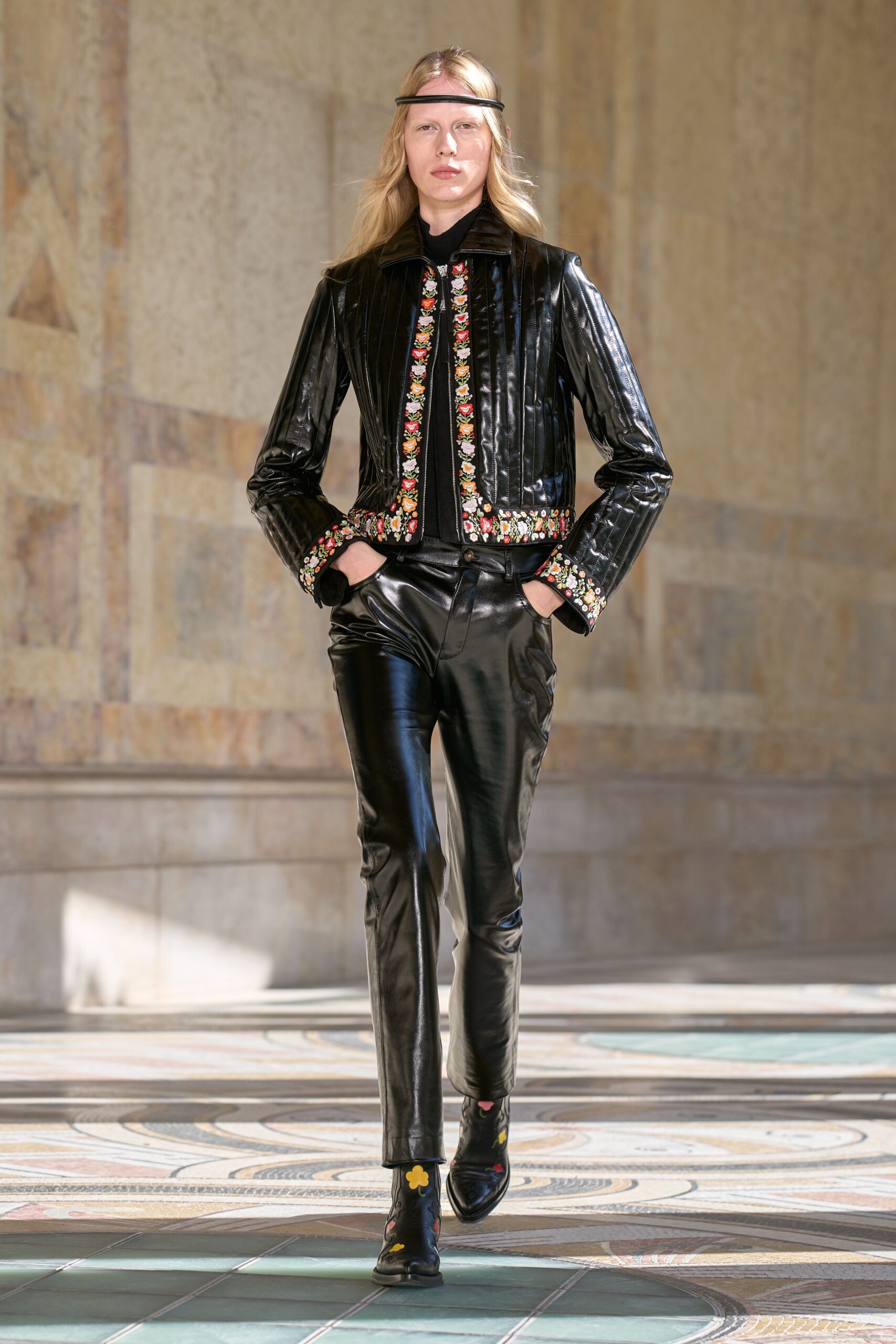 floral embroidered leather biker jacket