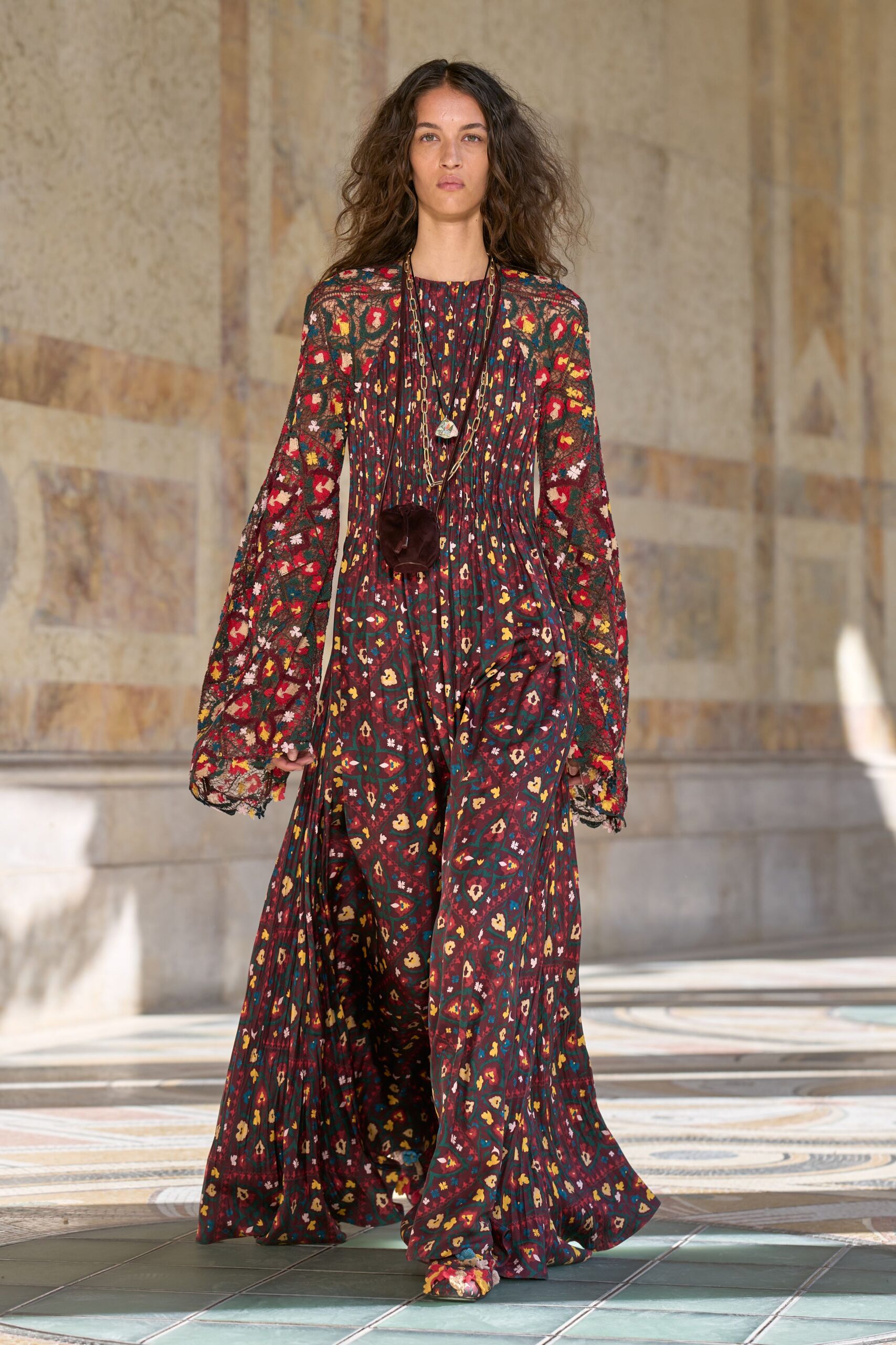 printed lace-sleeve wide-leg jumpsuit