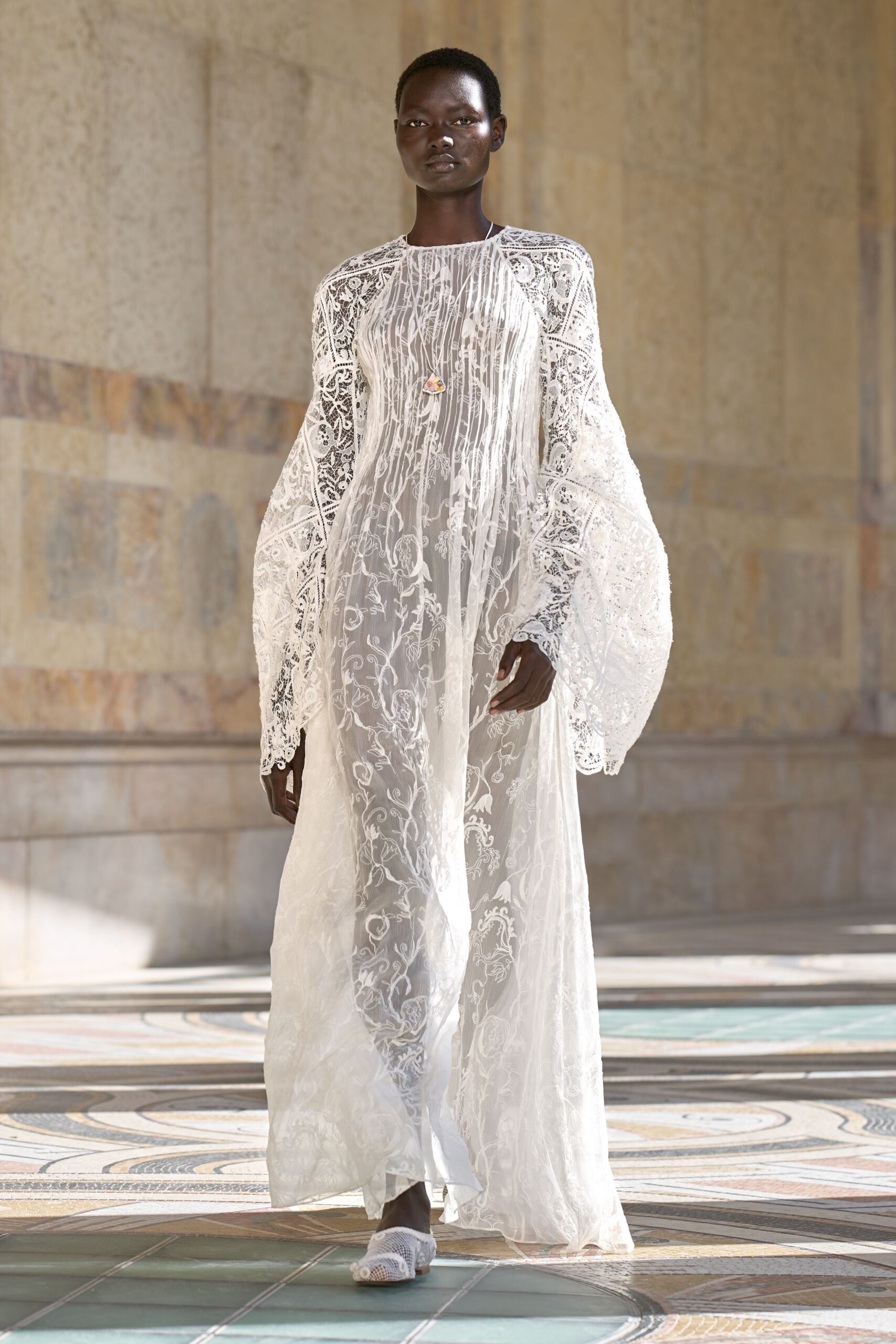 sheer embroidered lace caftan gown