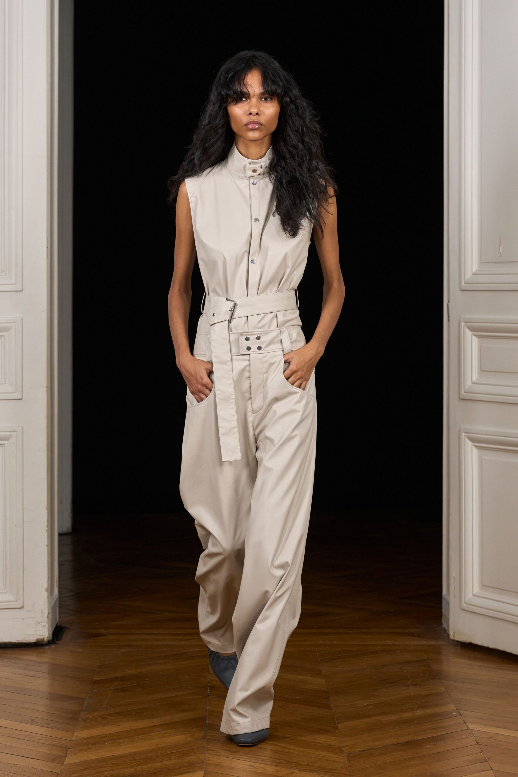 ivory sleeveless high-neck relaxed belted pockets jumpsuit