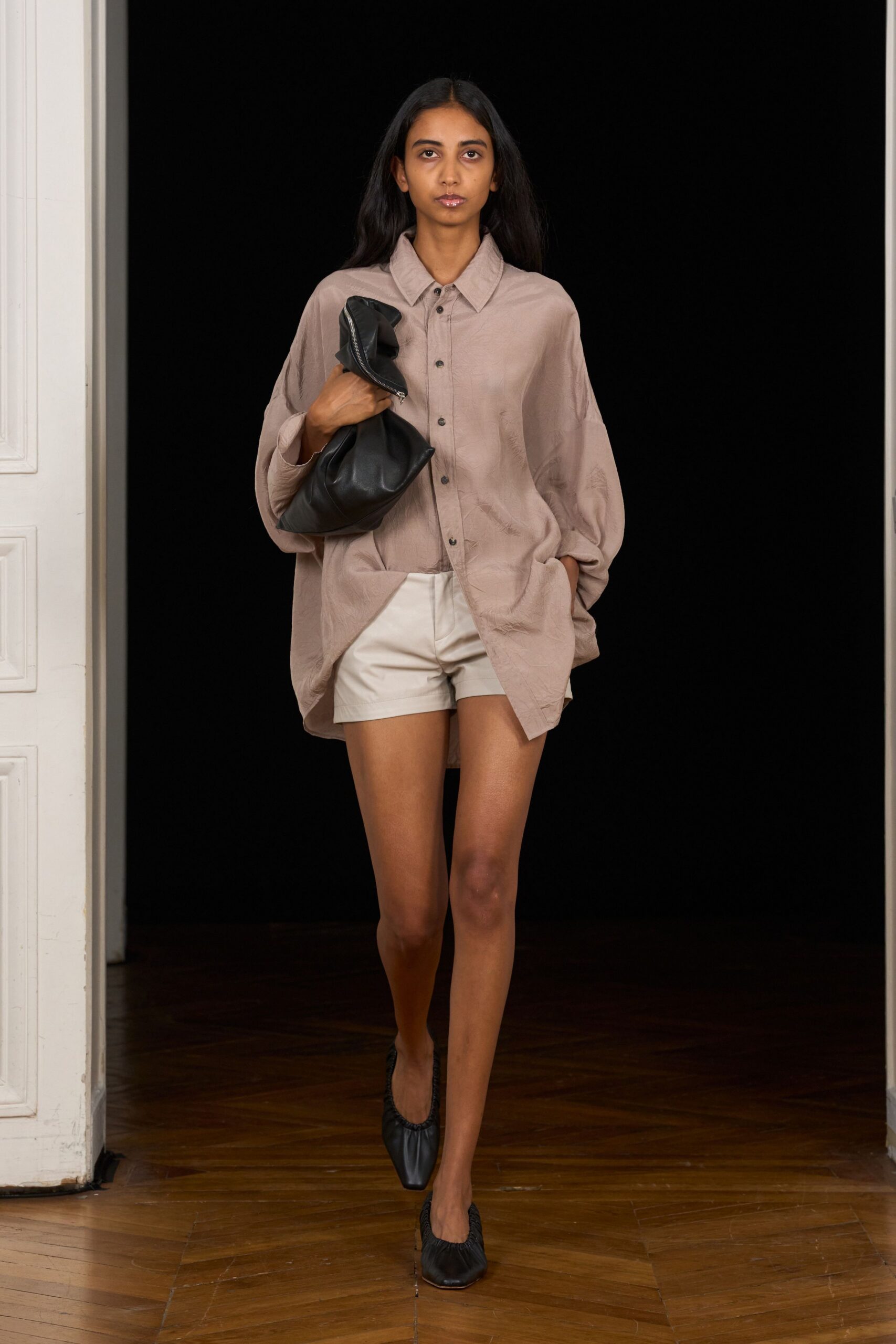 oversized beige button-front shirt
