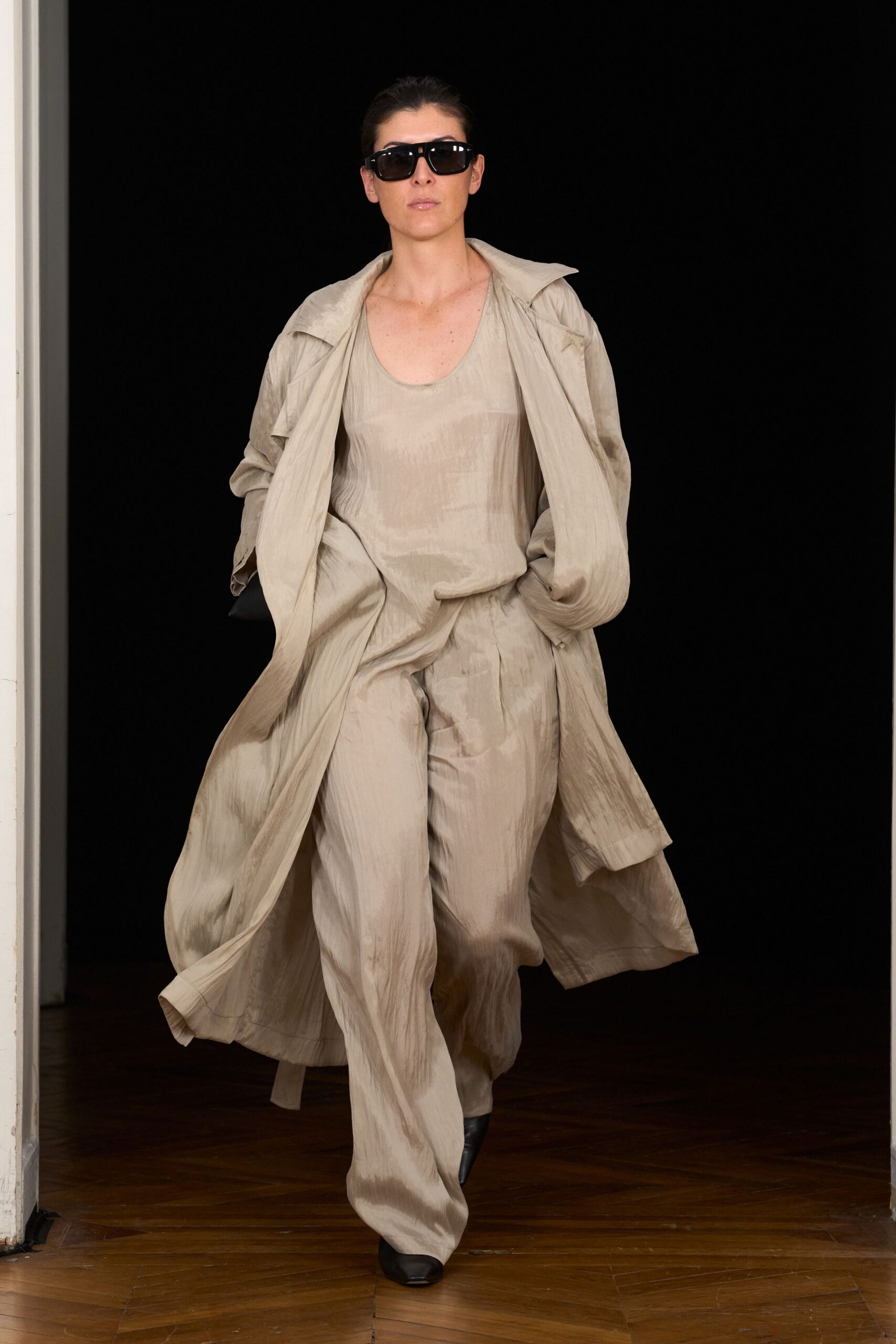 flowing beige duster coat