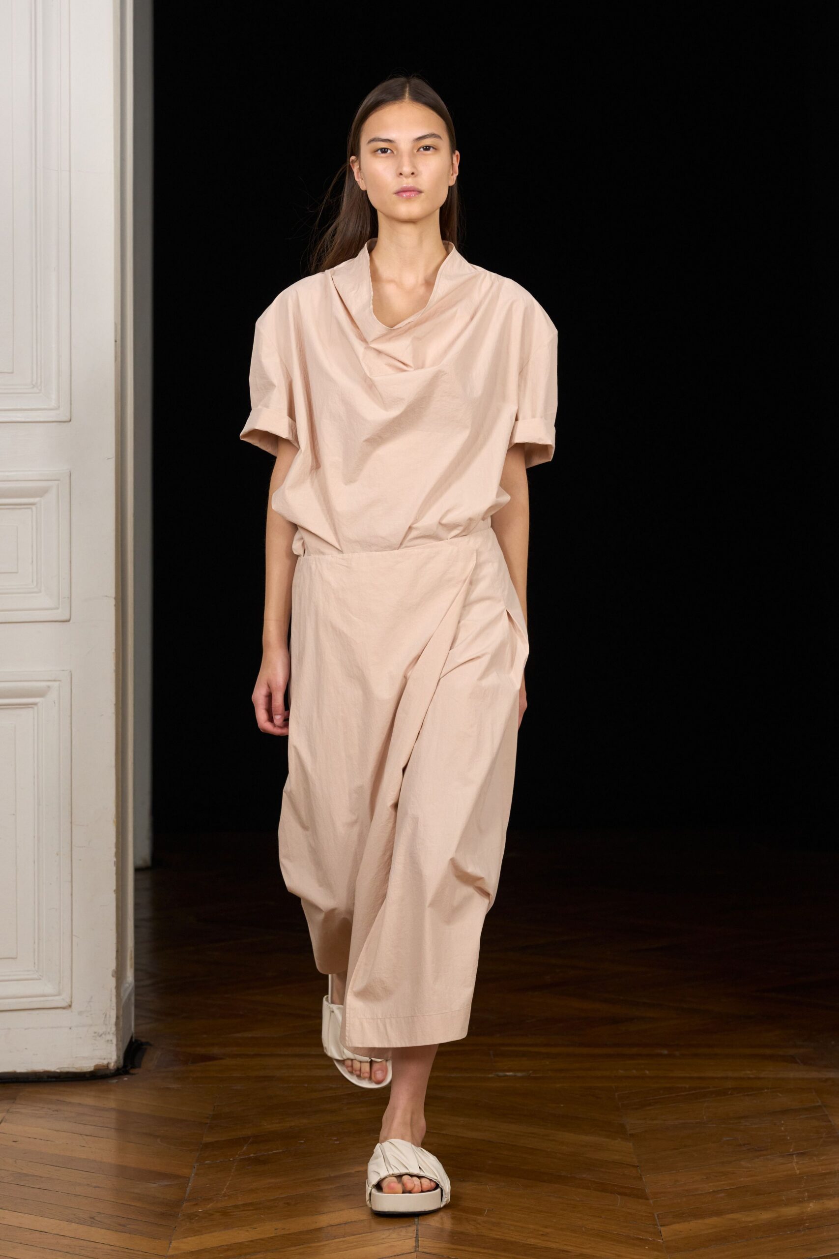 beige cowl-neck jumpsuit