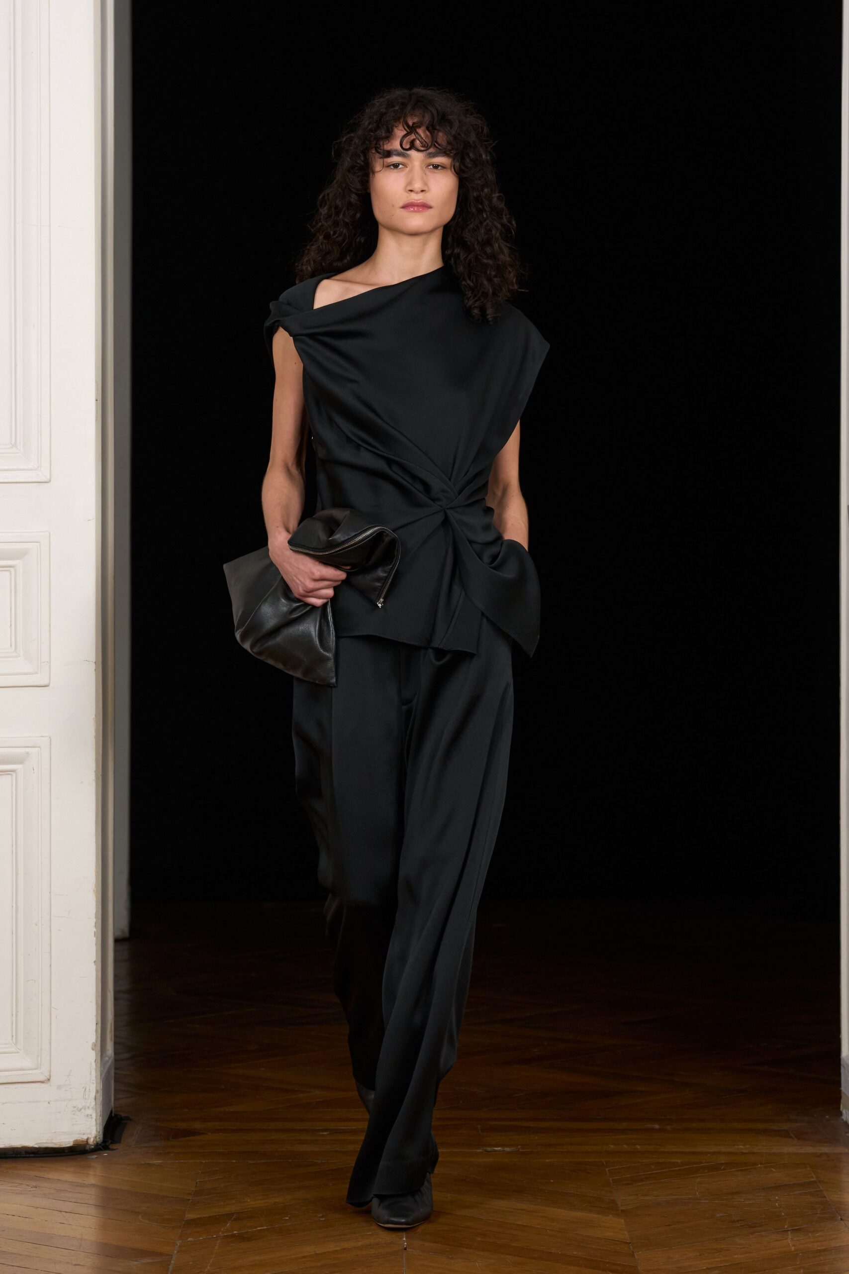 black draped asymmetric satin top