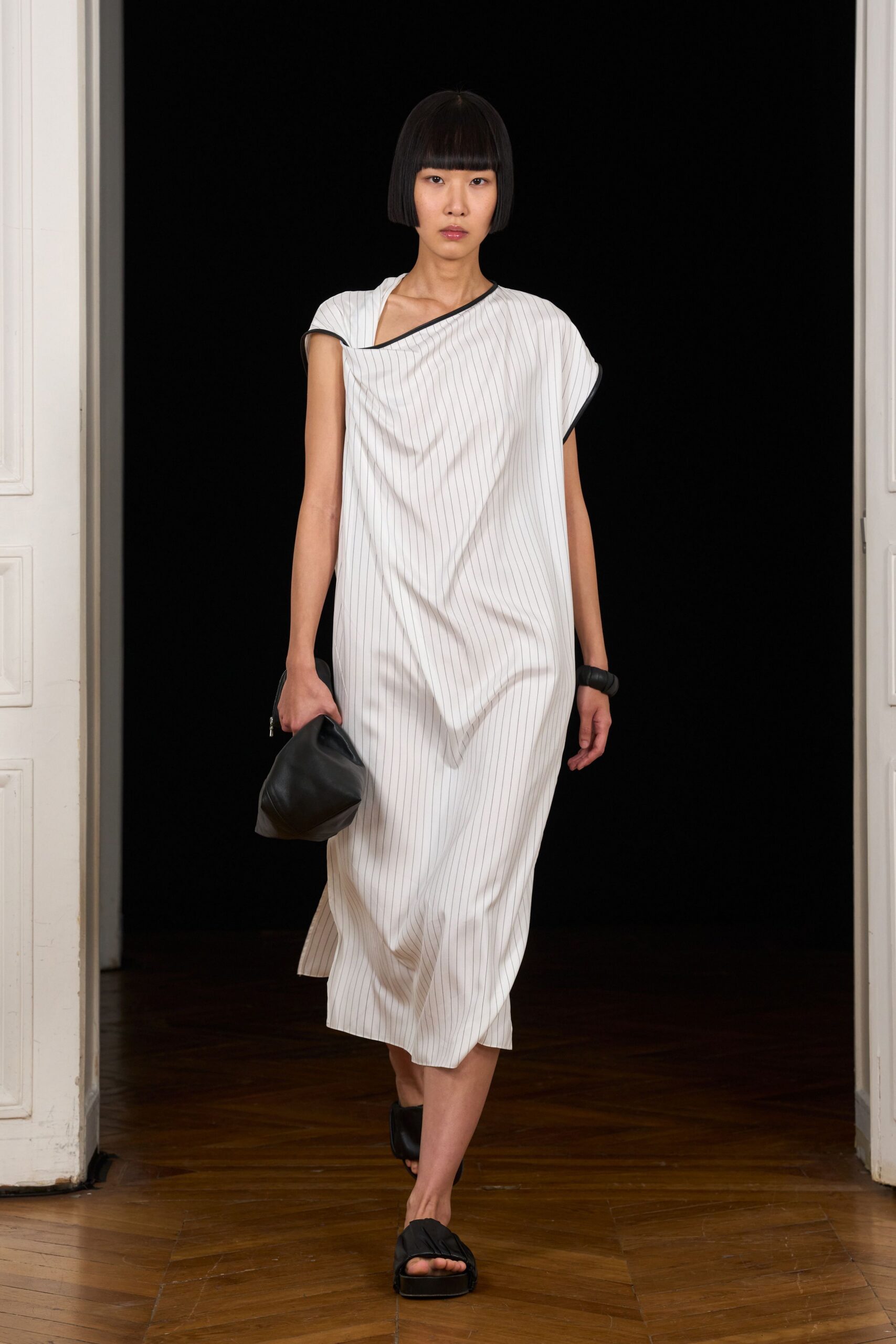 asymmetric pinstripe maxi dress