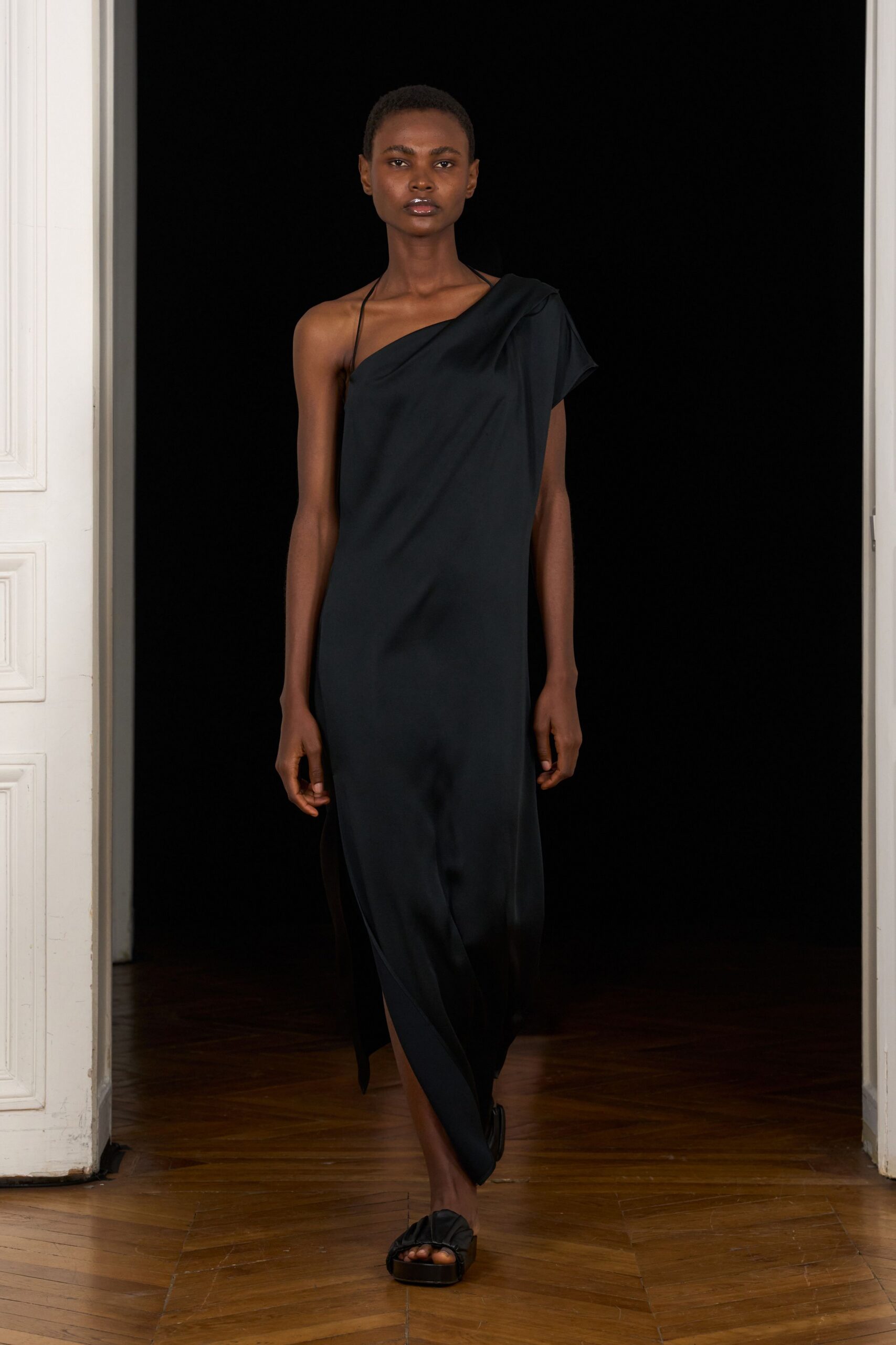 black one-shoulder satin maxi dress