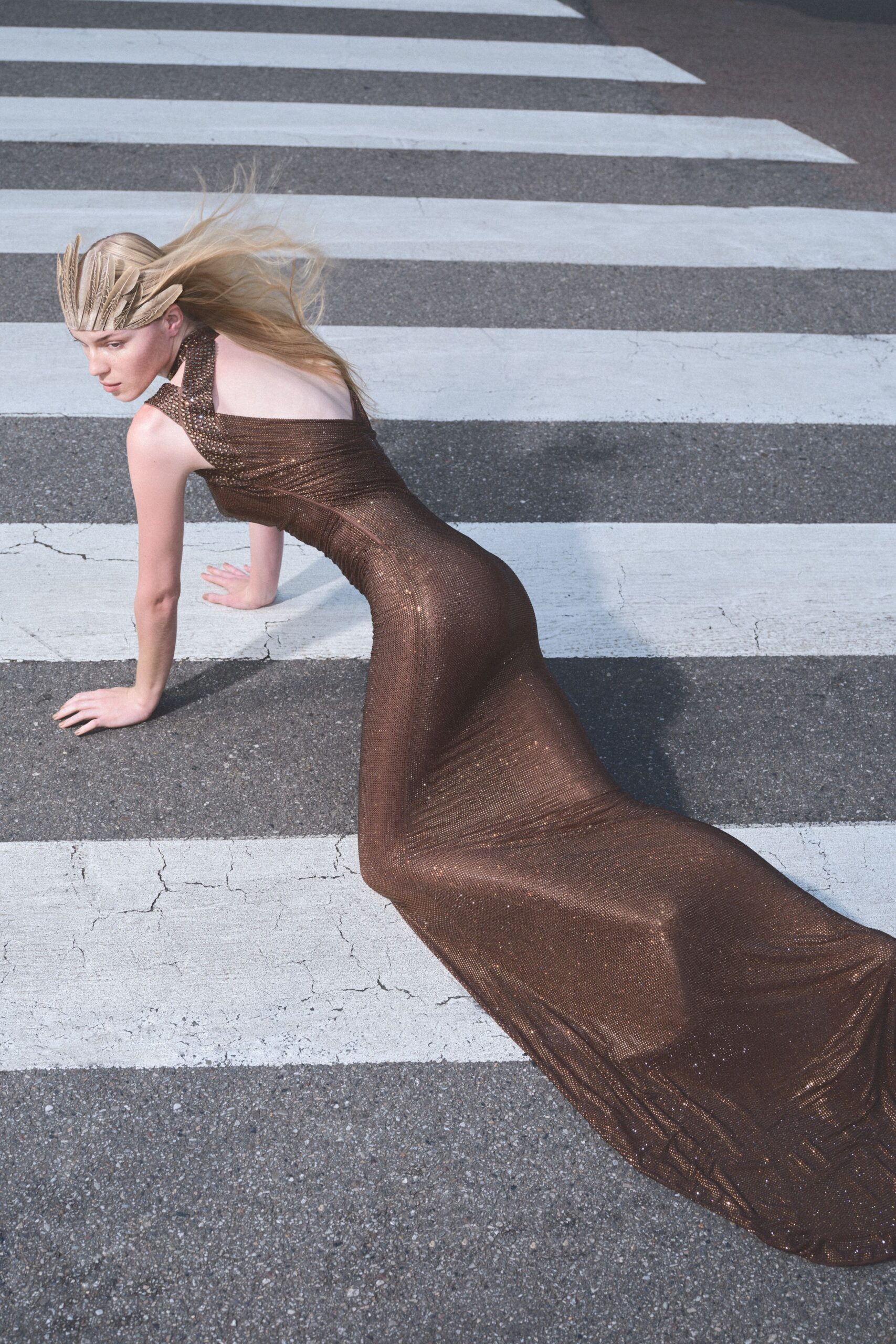 one-shoulder metallic mesh gown