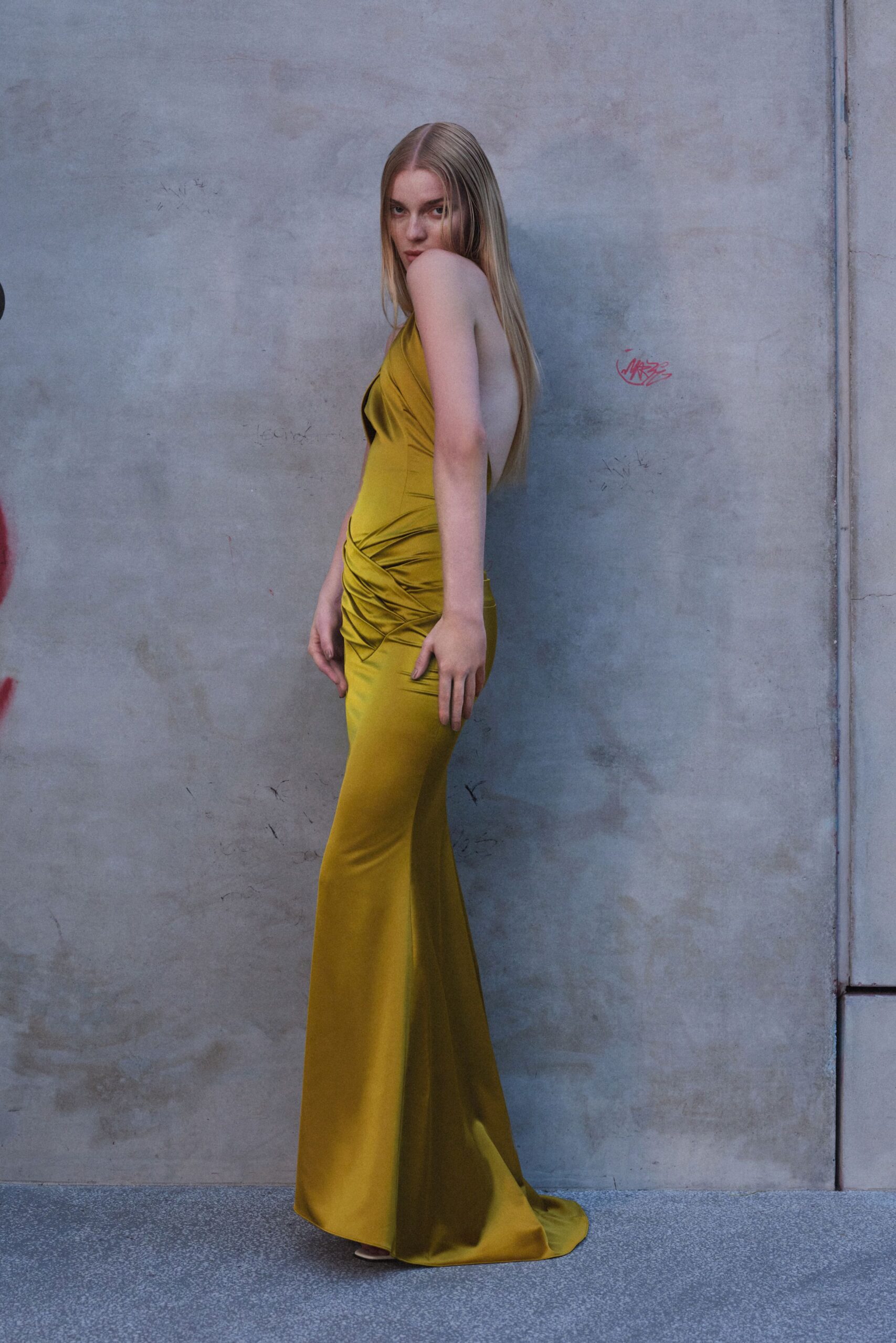 mustard draped halter evening gown