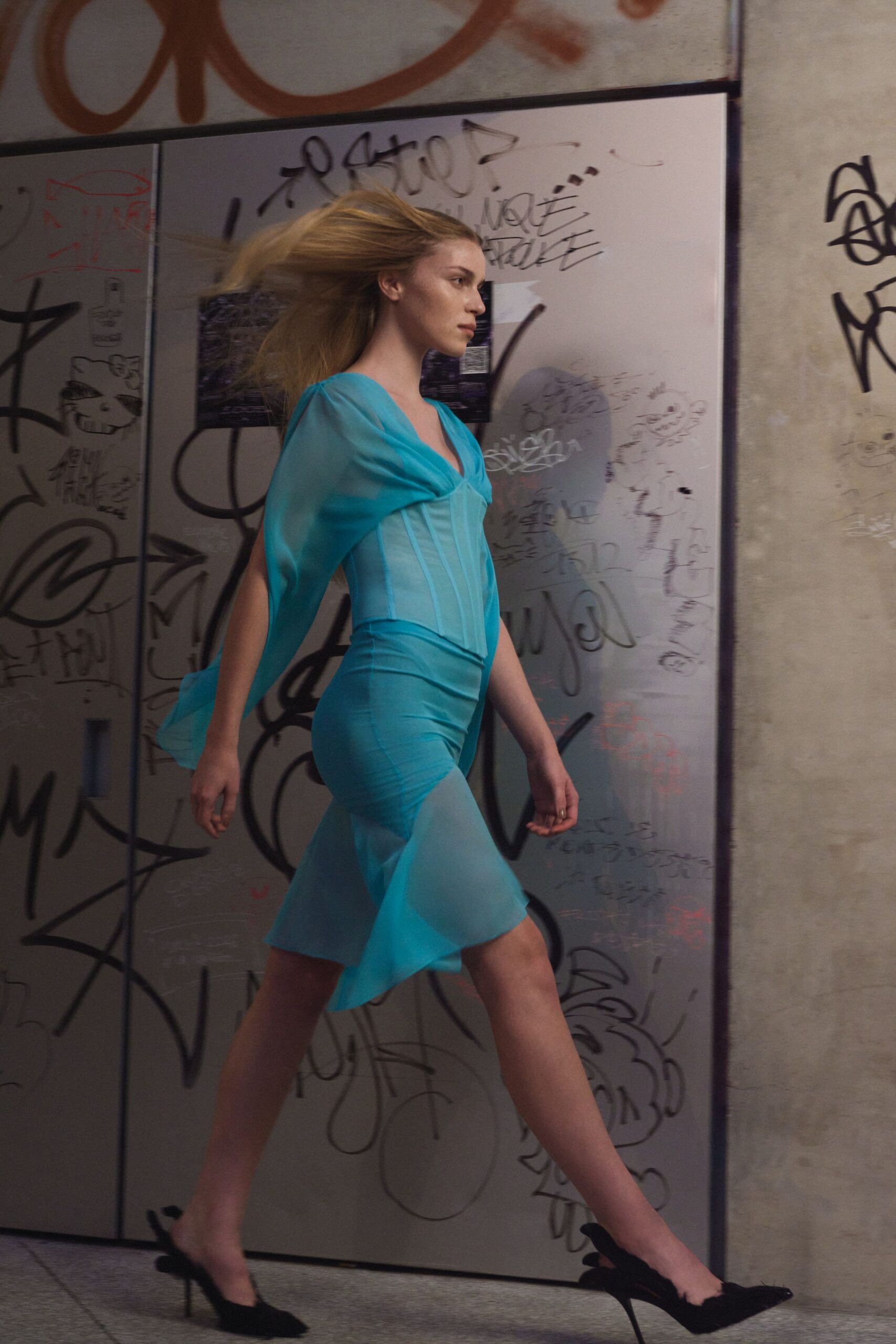 teal draped cape-sleeve mini dress