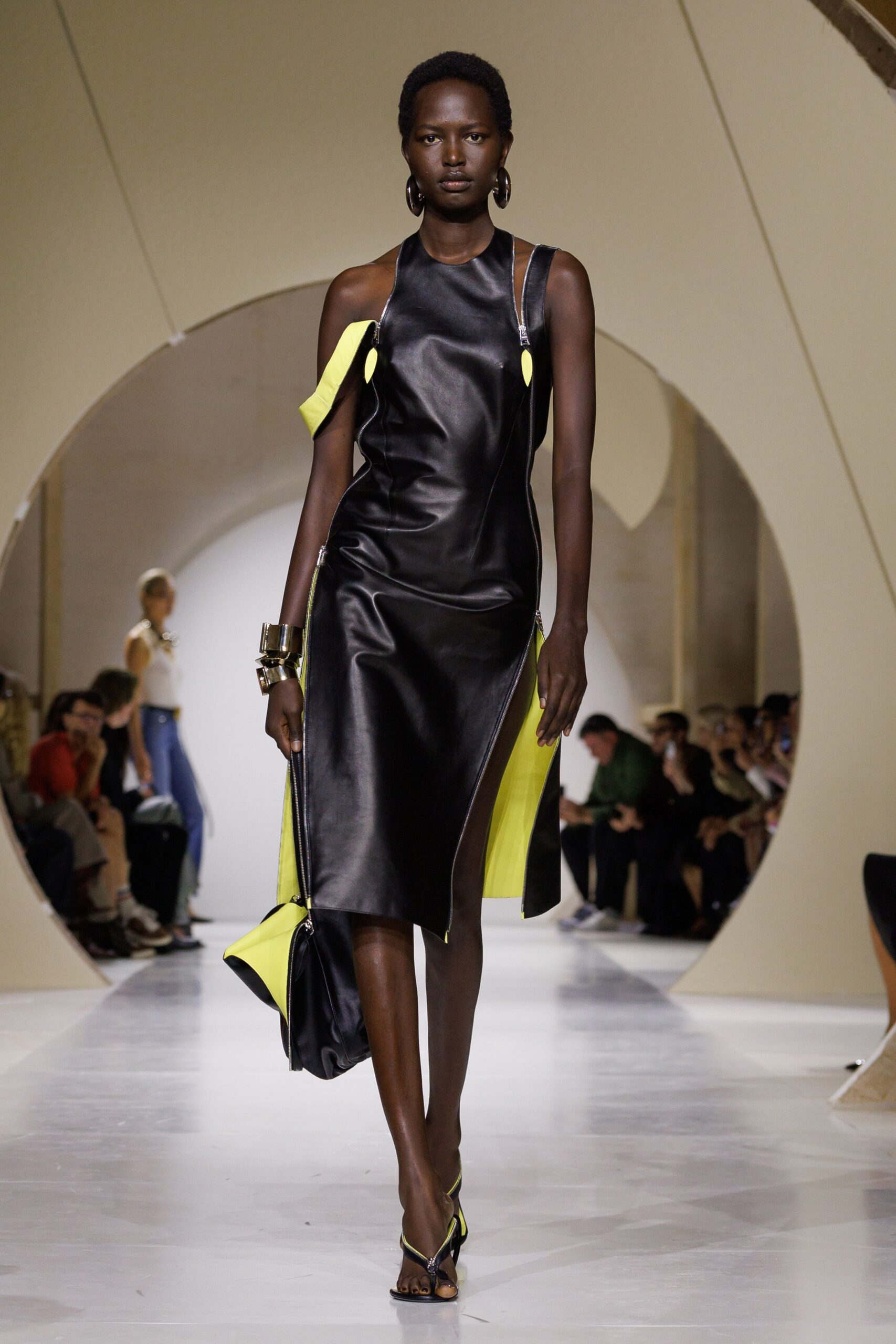 black leather sleeveless high-neck fitted color-blocked zippered midi-dress