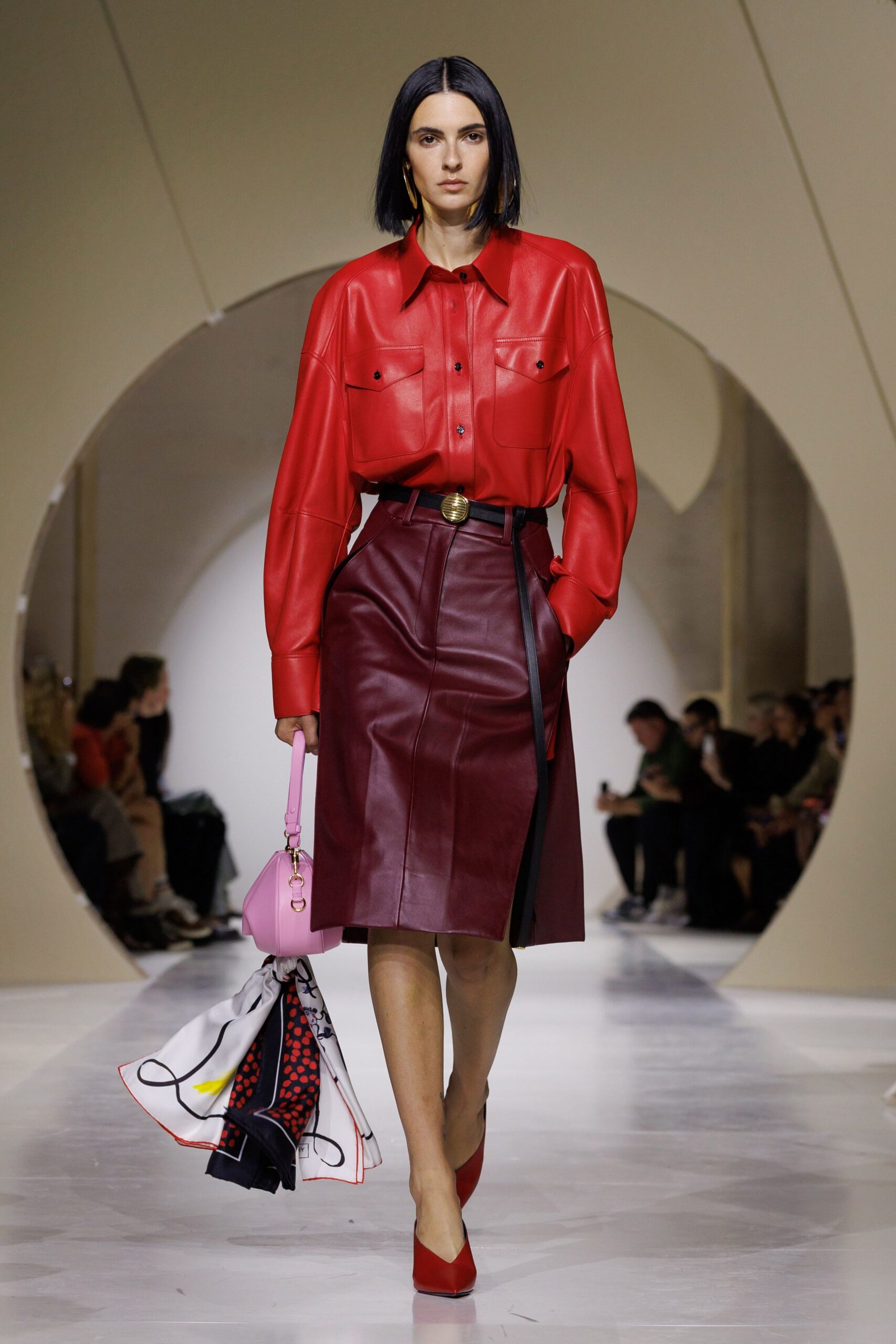 red leather long-sleeve collared oversized buttoned pockets shirt