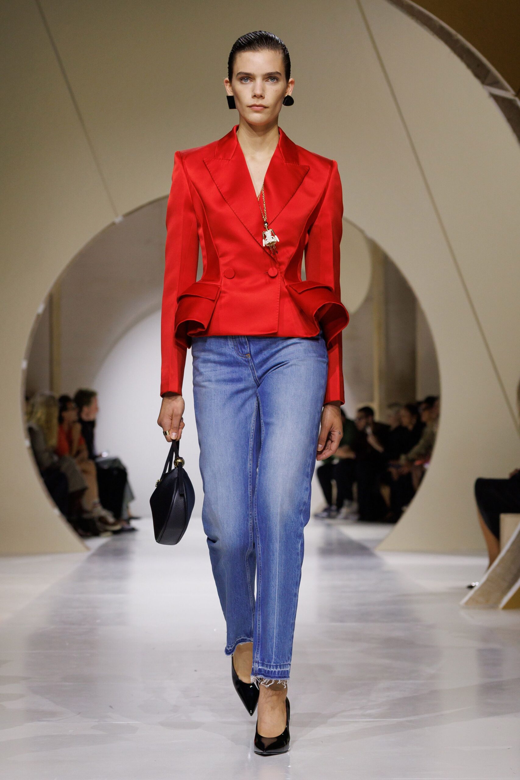 red satin long-sleeve collared tailored buttoned shiny jacket