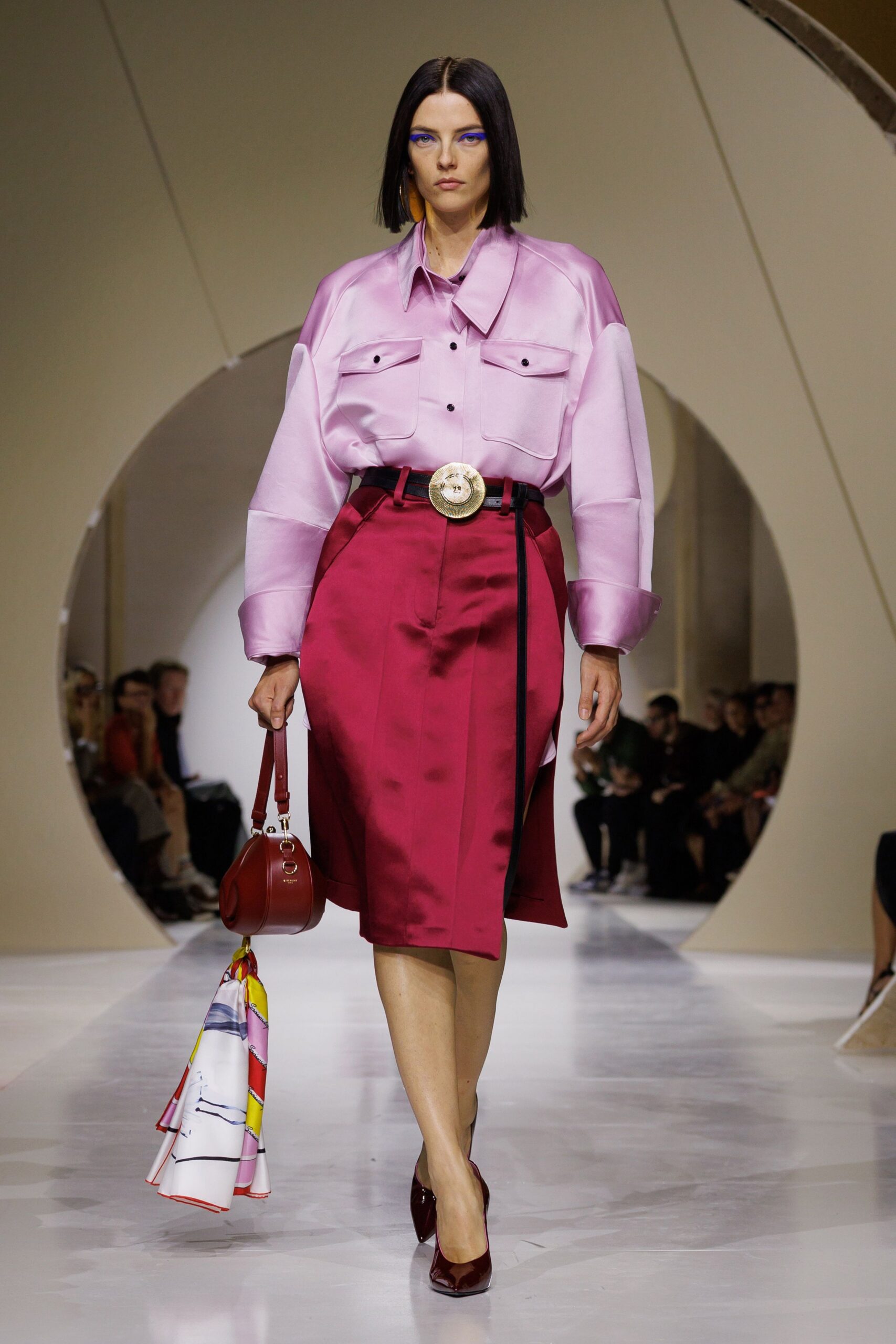 pink satin slit high-waisted belted panelled shiny skirt