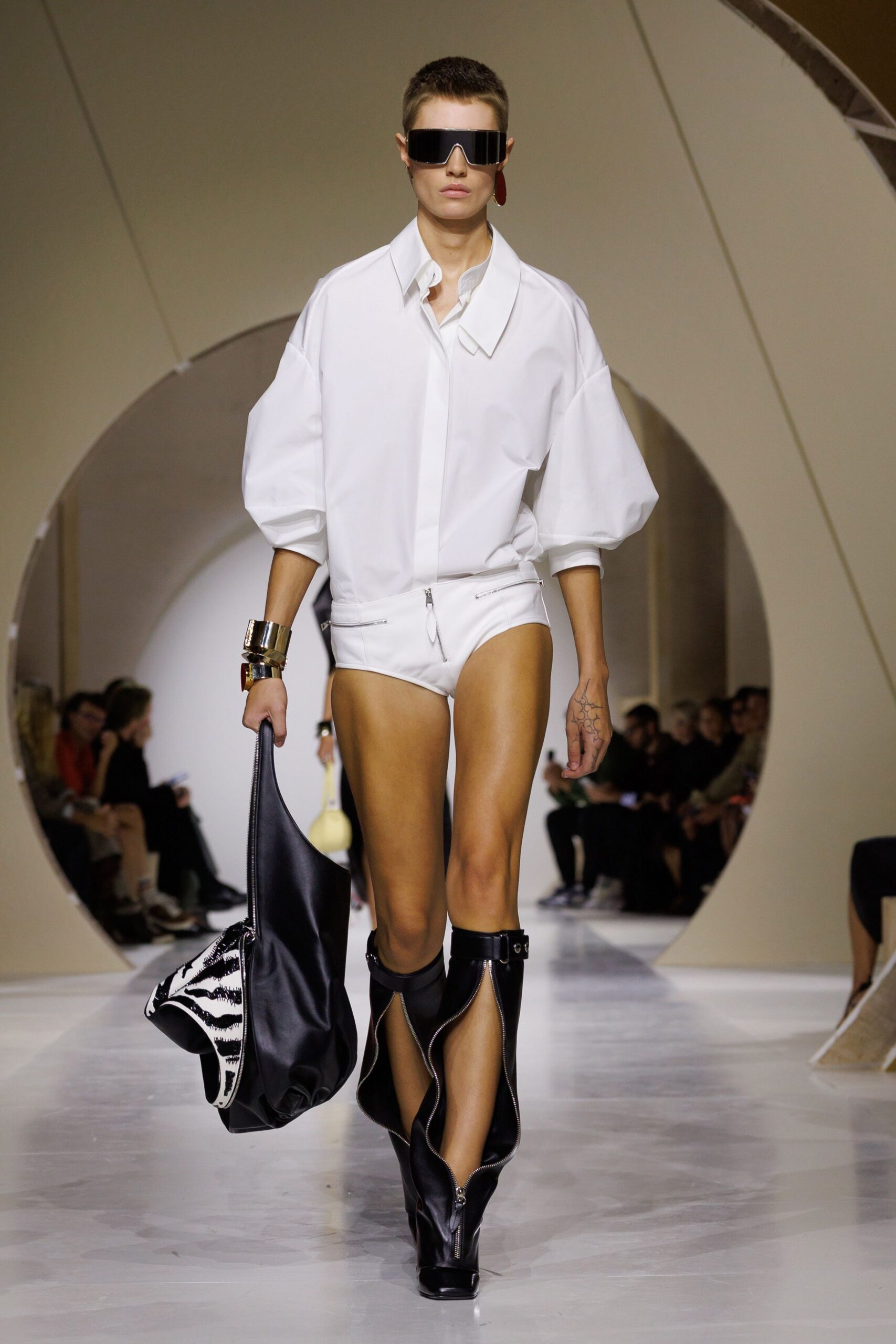 black leather knee-high open-toe shiny boots