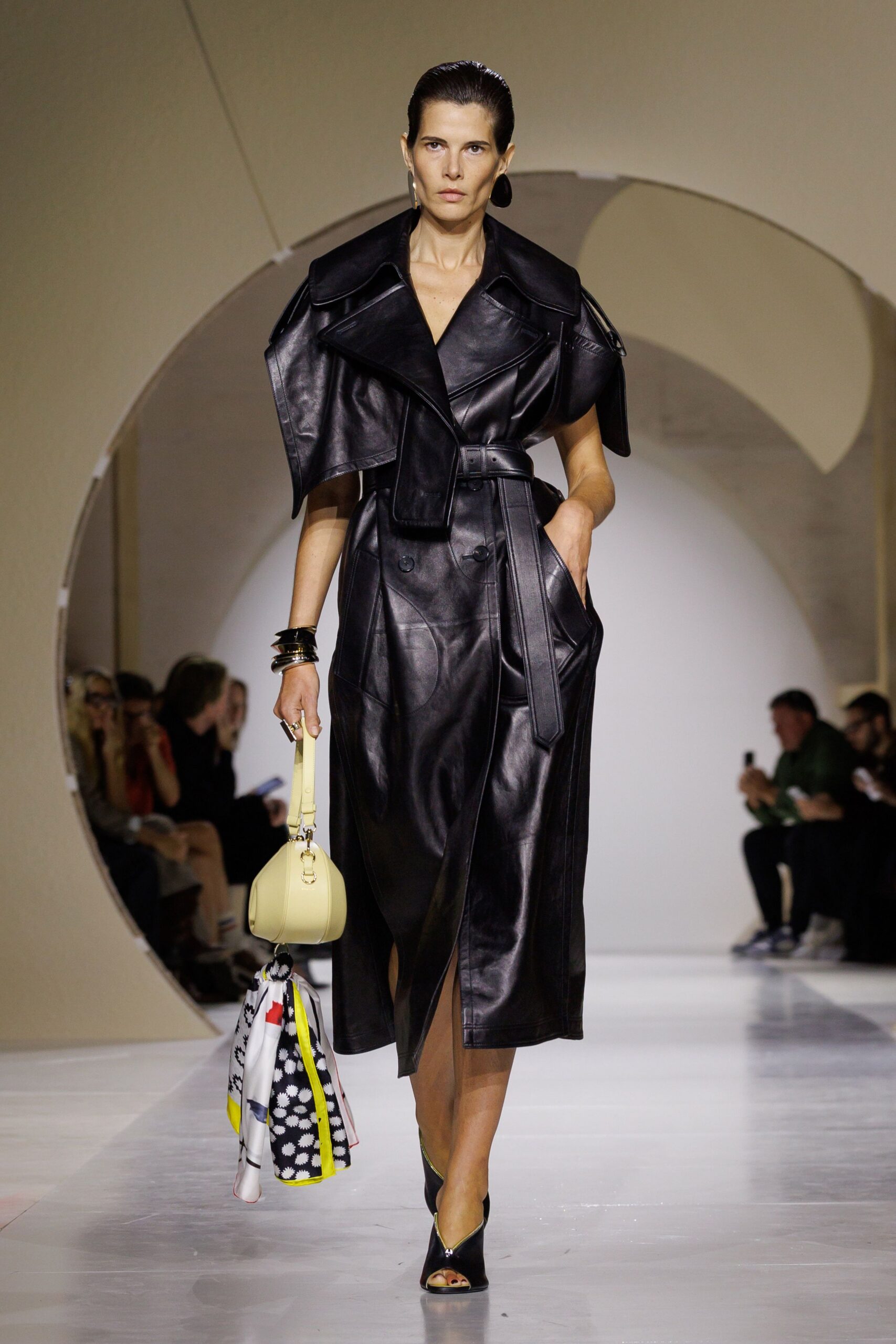 black leather collared short-sleeve structured belted buttoned dress