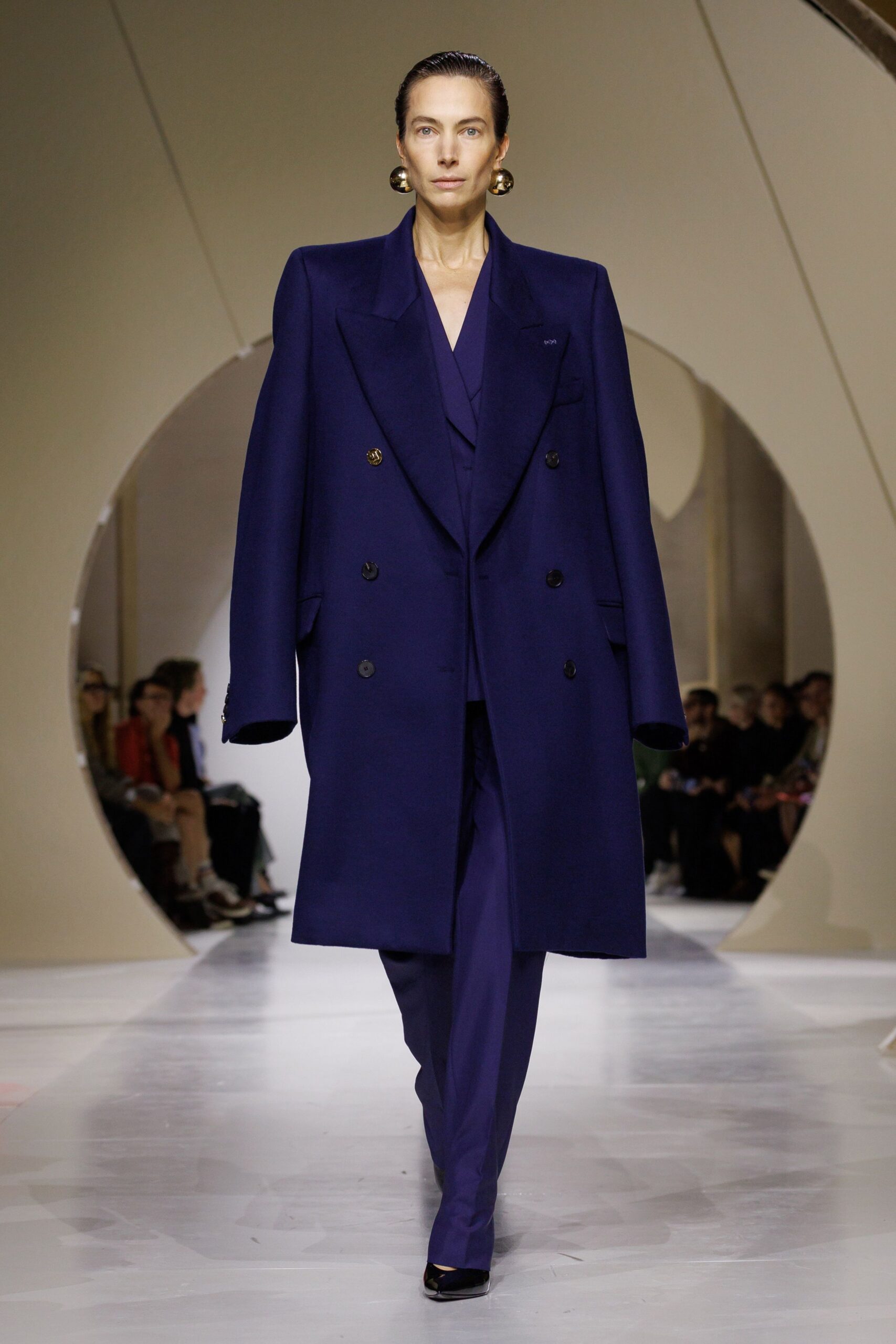 oversized purple double-breasted overcoat