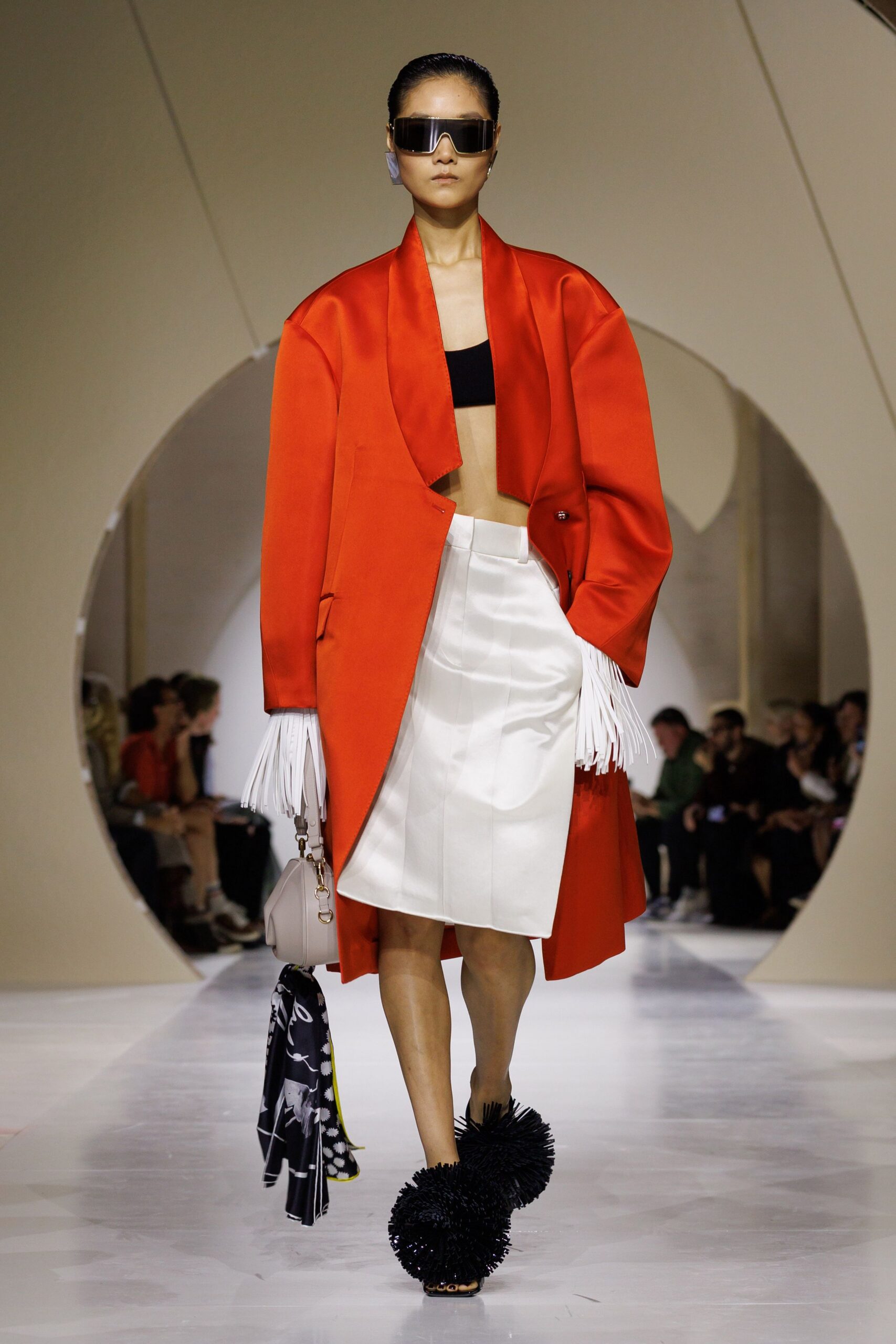 orange draped shawl-front coat