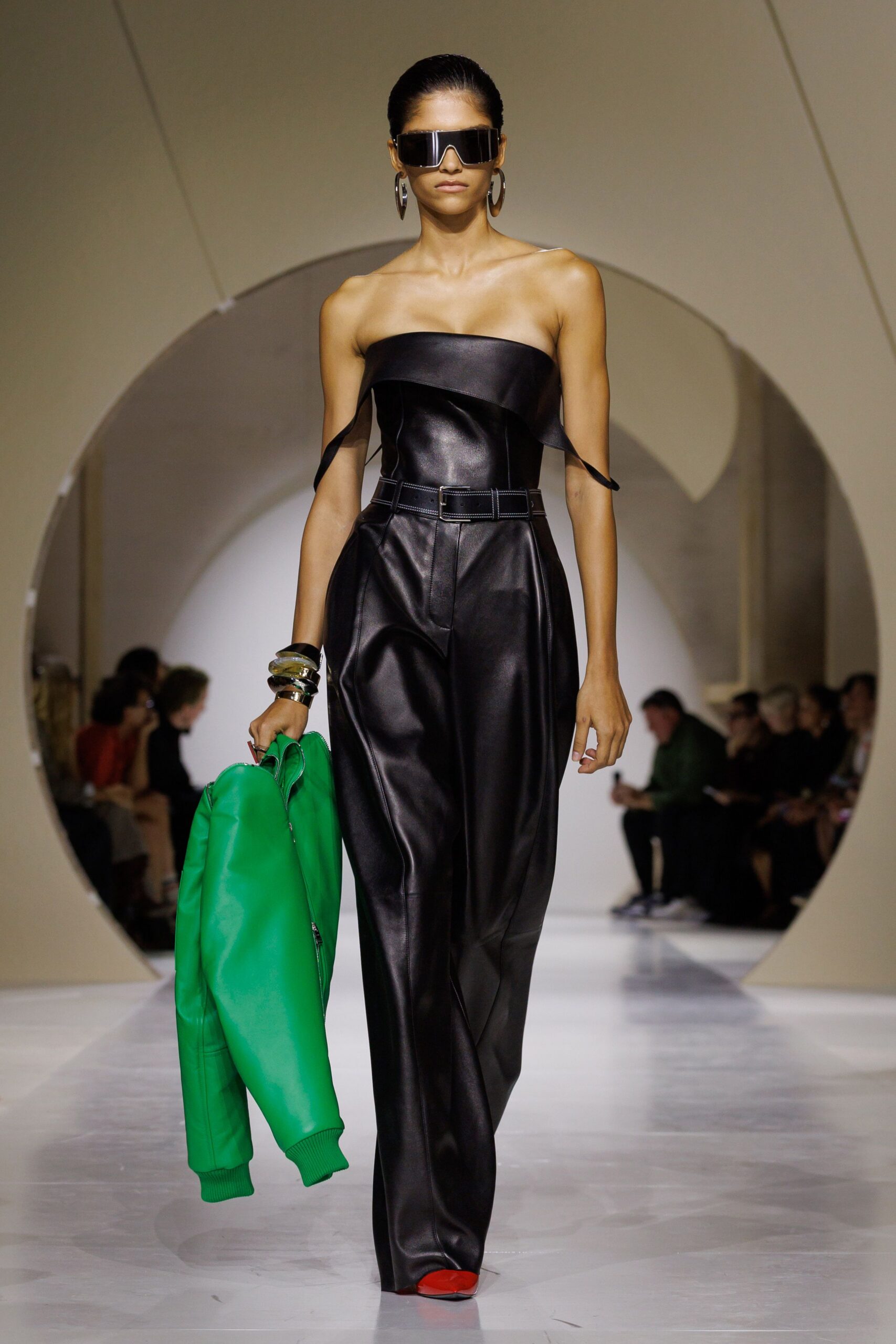 black leather strapless jumpsuit