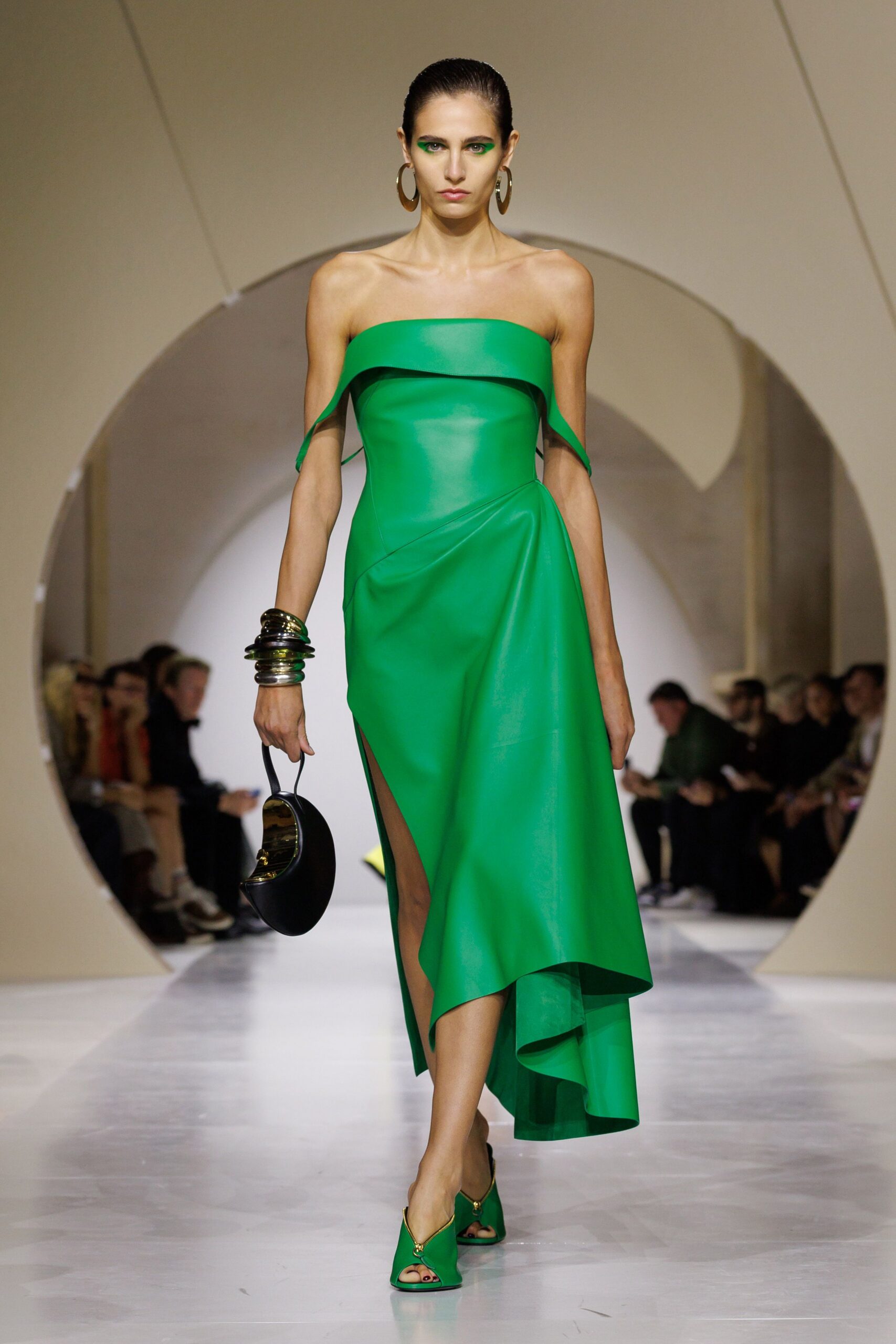 green leather strapless draped midi dress